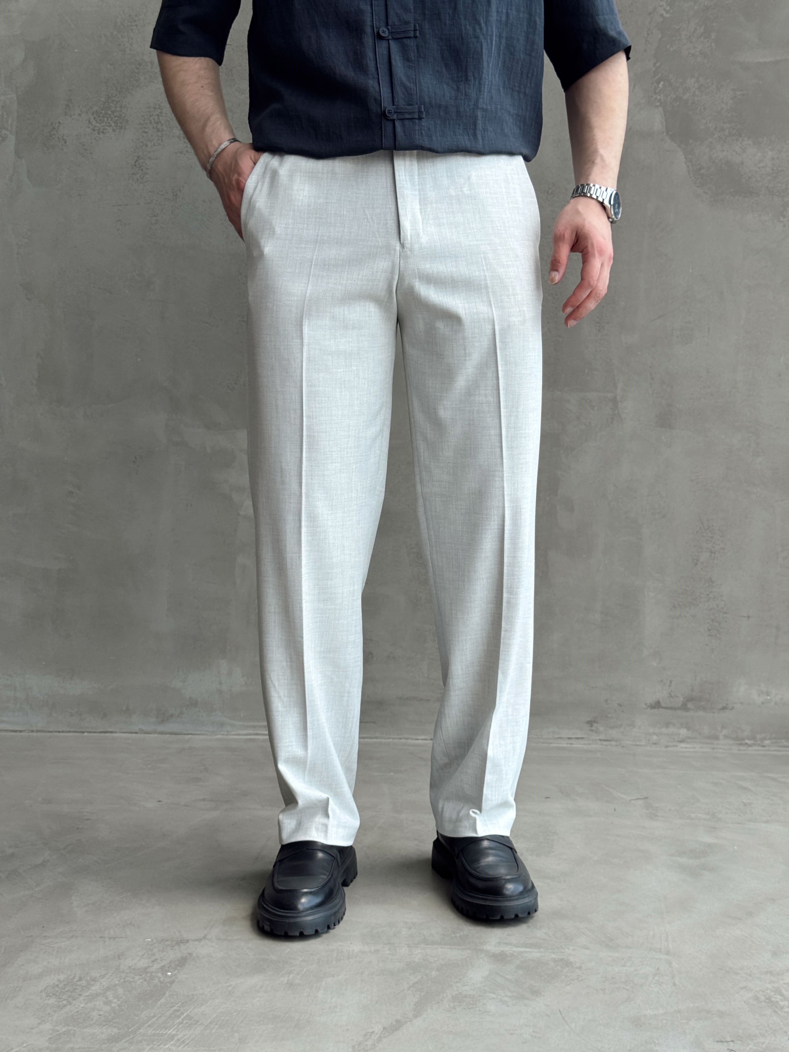 Erkek Bussines Colection Baggy Kalıp Çift Düğme Detaylı Kumaş Pantolon-Gri(E1764)Ketench