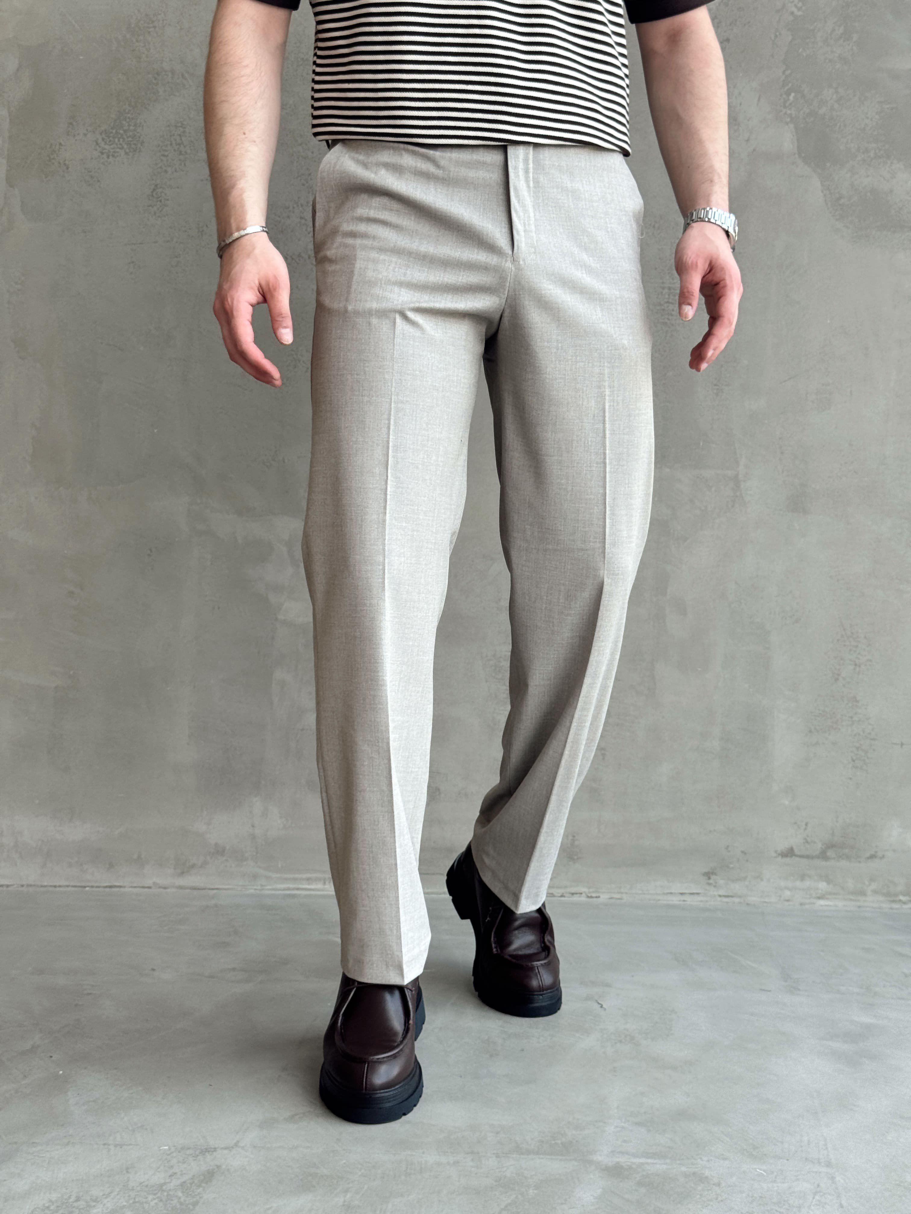 Erkek Bussines Colection Baggy Kalıp Çift Düğme Detaylı Kumaş Pantolon-Taş(E1764)Ketench
