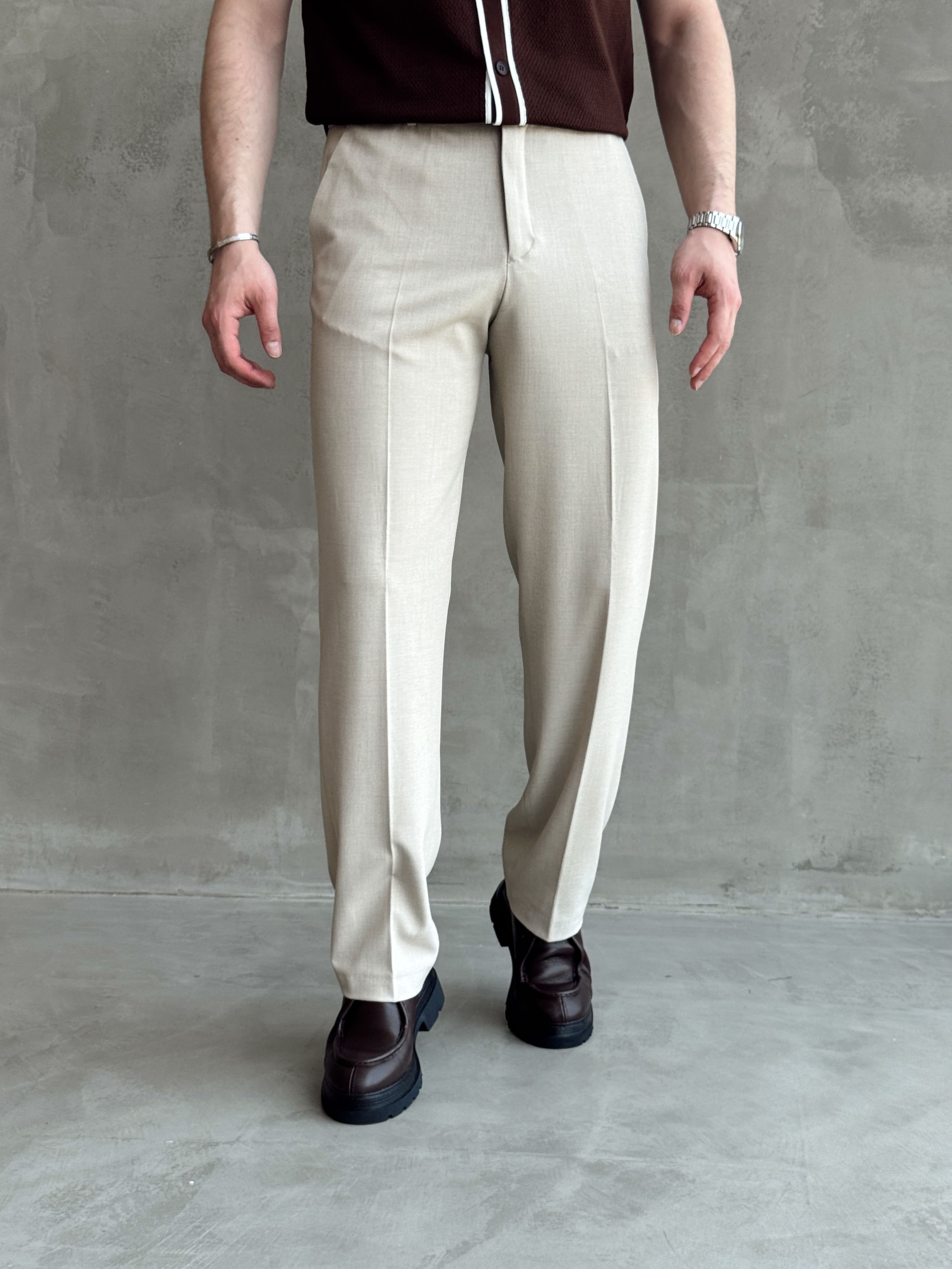 Erkek Bussines Colection Baggy Kalıp Çift Düğme Detaylı Kumaş Pantolon-Bej(E1764)Ketench