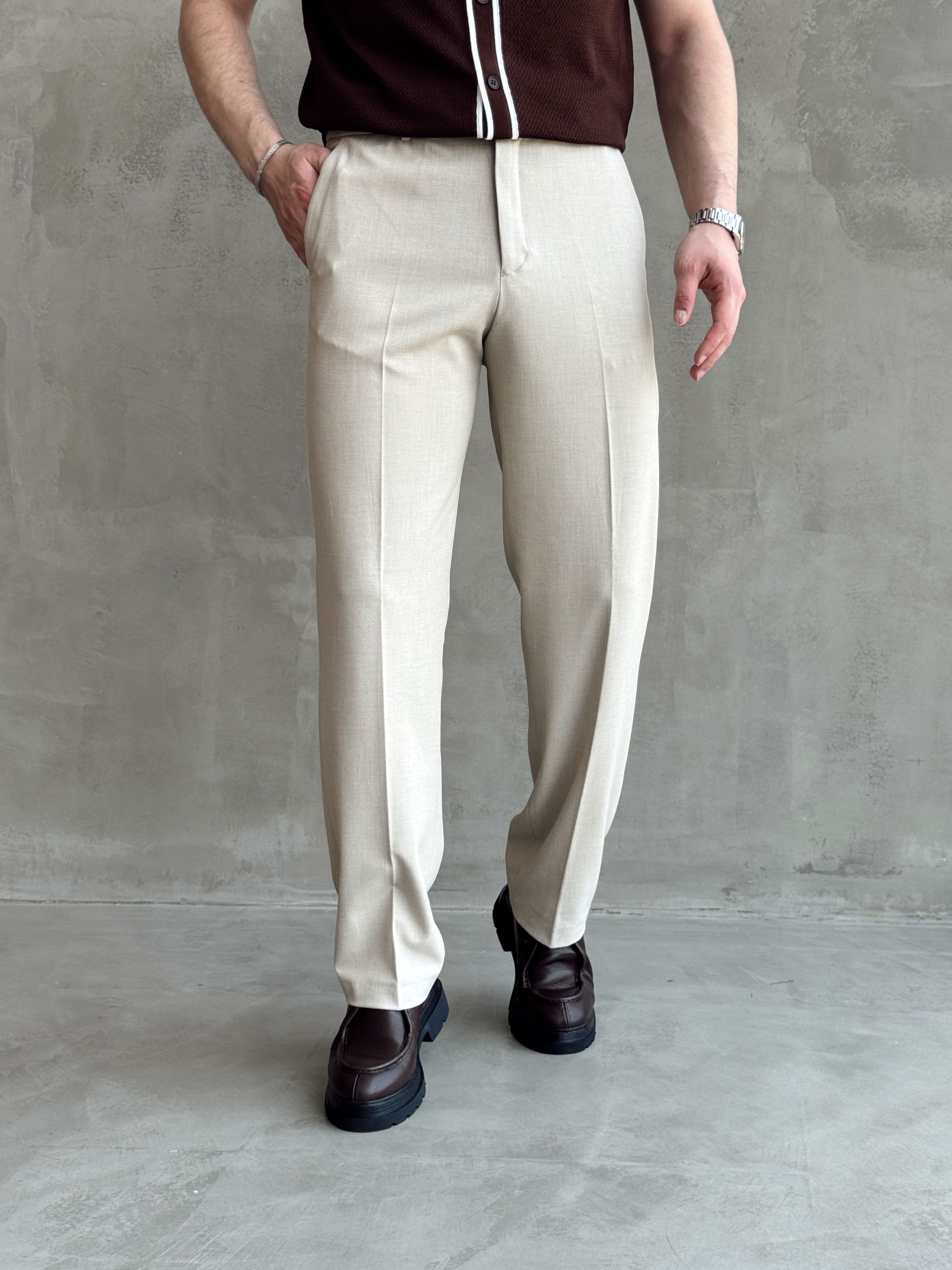 Erkek Bussines Colection Baggy Kalıp Çift Düğme Detaylı Kumaş Pantolon-Bej(E1764)Ketench