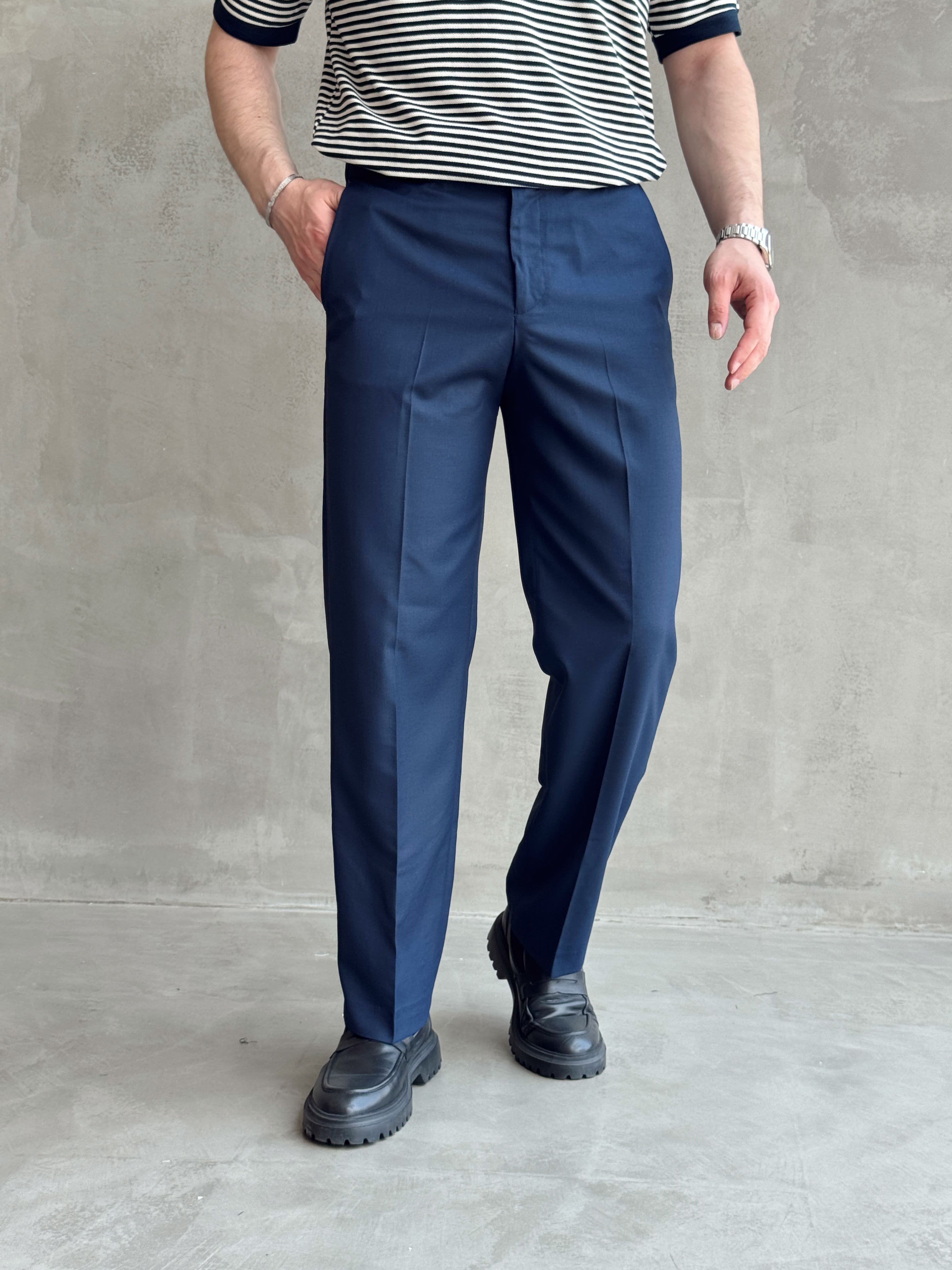 Erkek Bussines Colection Baggy Kalıp Çift Düğme Detaylı Kumaş Pantolon-Lacivert(E1764)Ketench