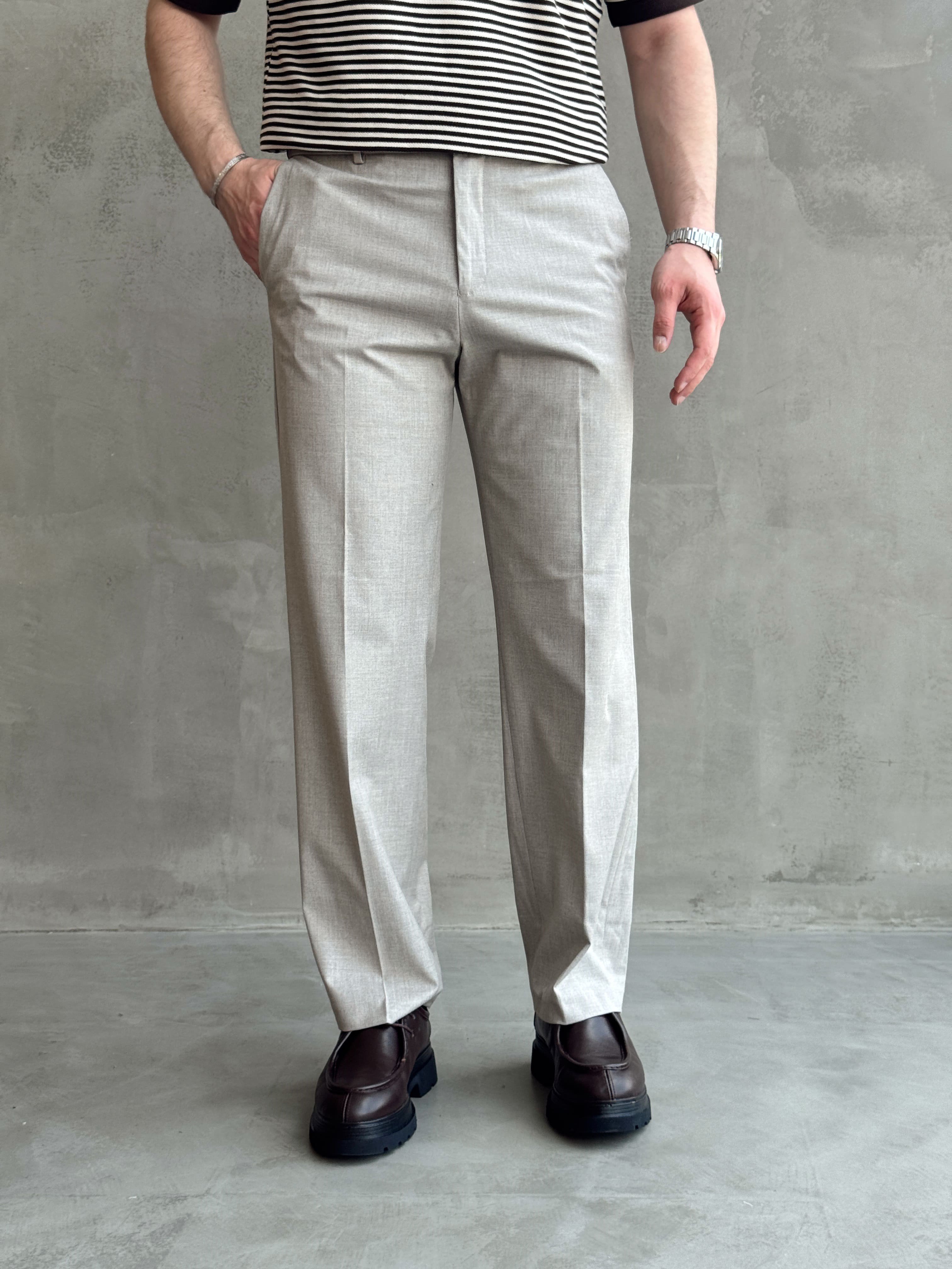 Erkek Bussines Colection Baggy Kalıp Çift Düğme Detaylı Kumaş Pantolon-Taş(E1764)Ketench