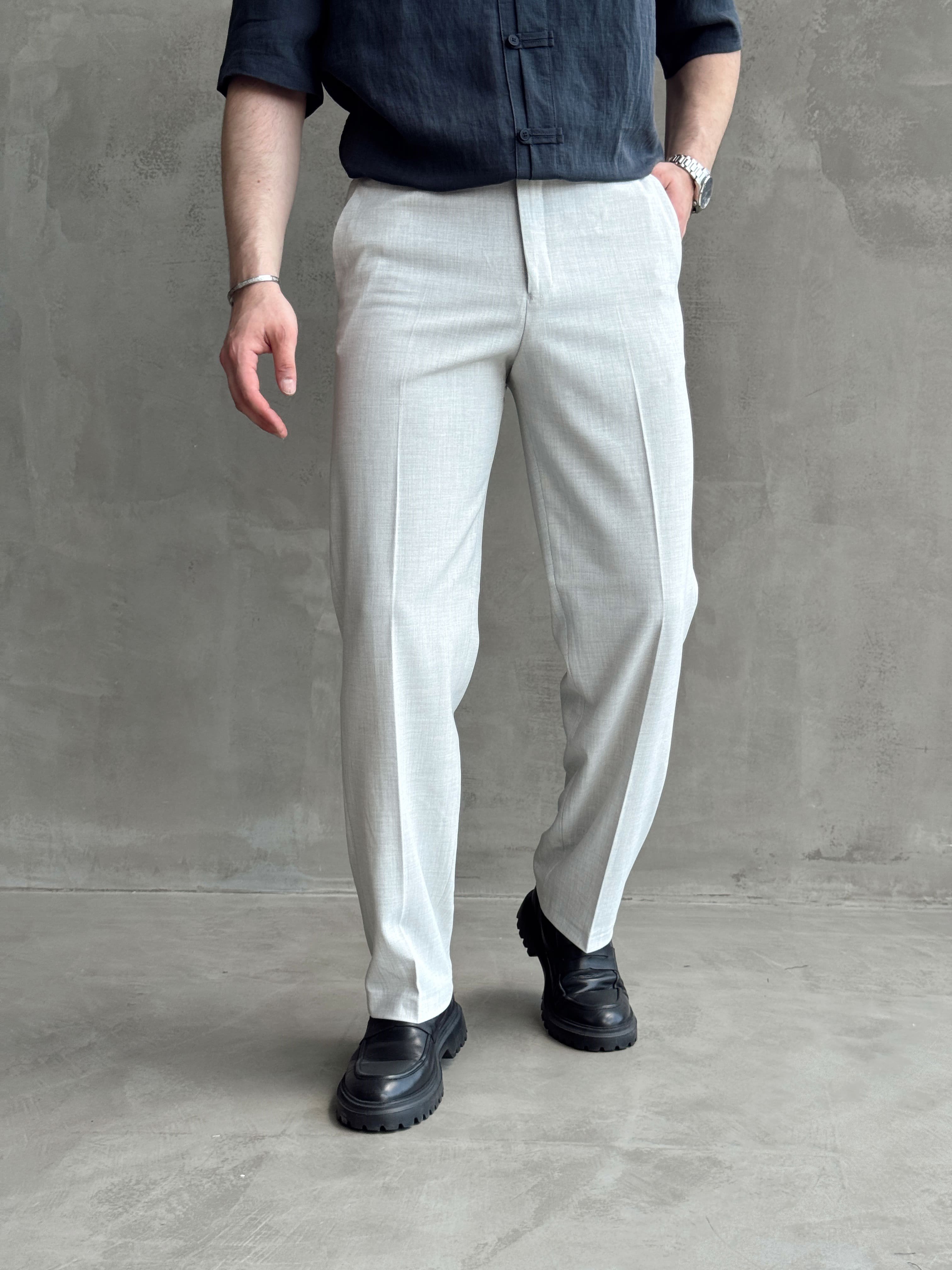 Erkek Bussines Colection Baggy Kalıp Çift Düğme Detaylı Kumaş Pantolon-Gri(E1764)Ketench