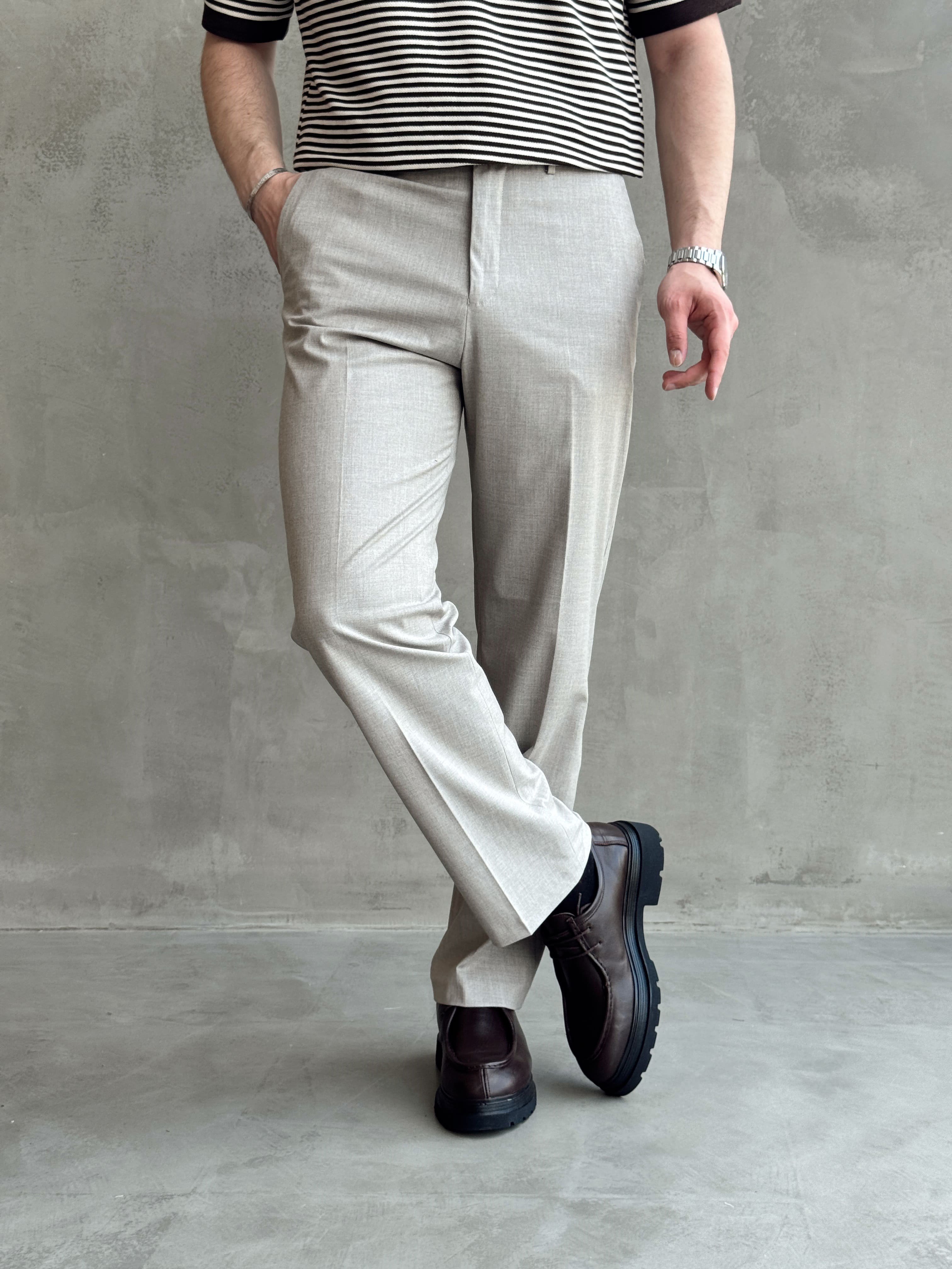Erkek Bussines Colection Baggy Kalıp Çift Düğme Detaylı Kumaş Pantolon-Taş(E1764)Ketench