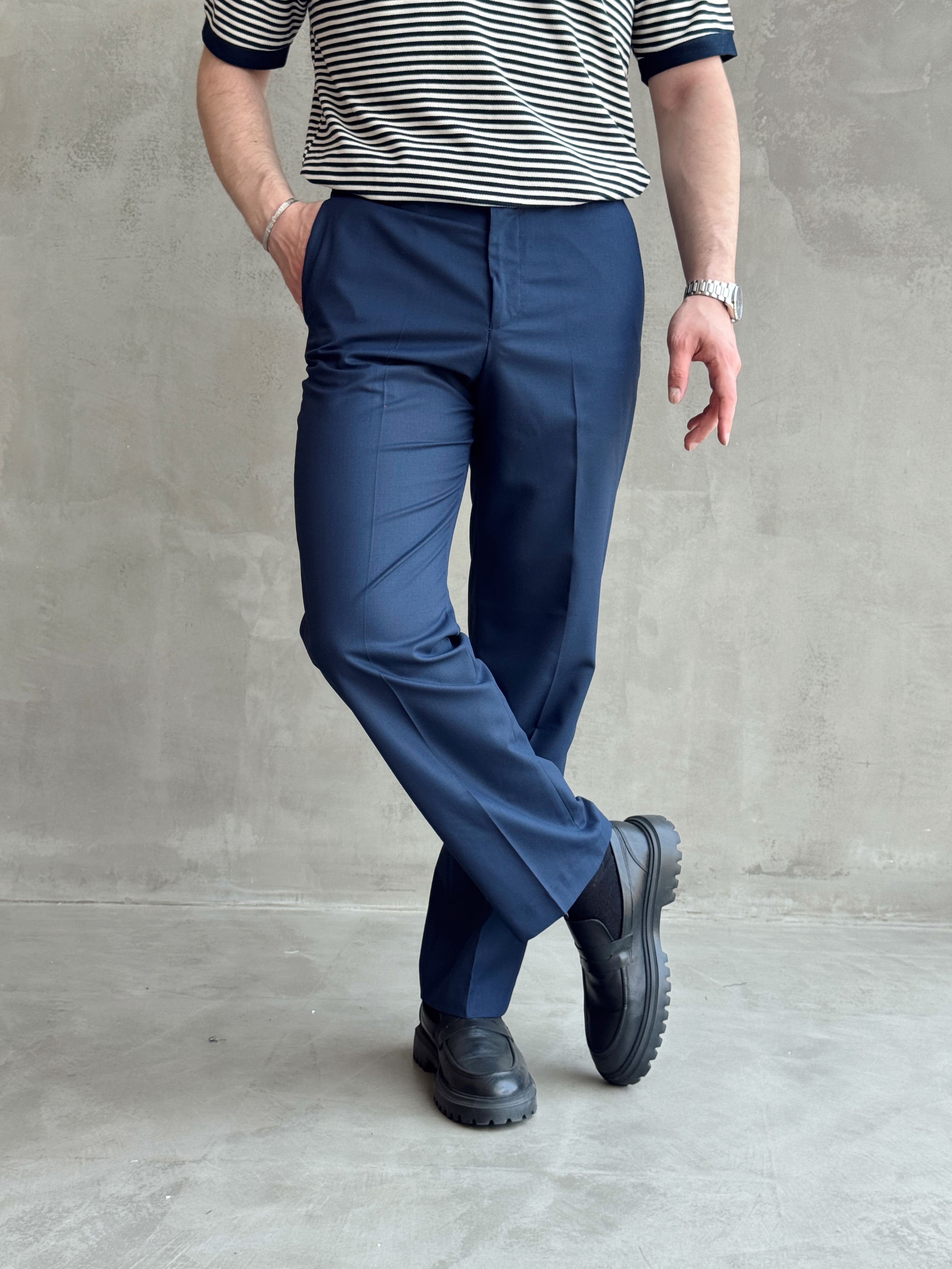 Erkek Bussines Colection Baggy Kalıp Çift Düğme Detaylı Kumaş Pantolon-Lacivert(E1764)Ketench