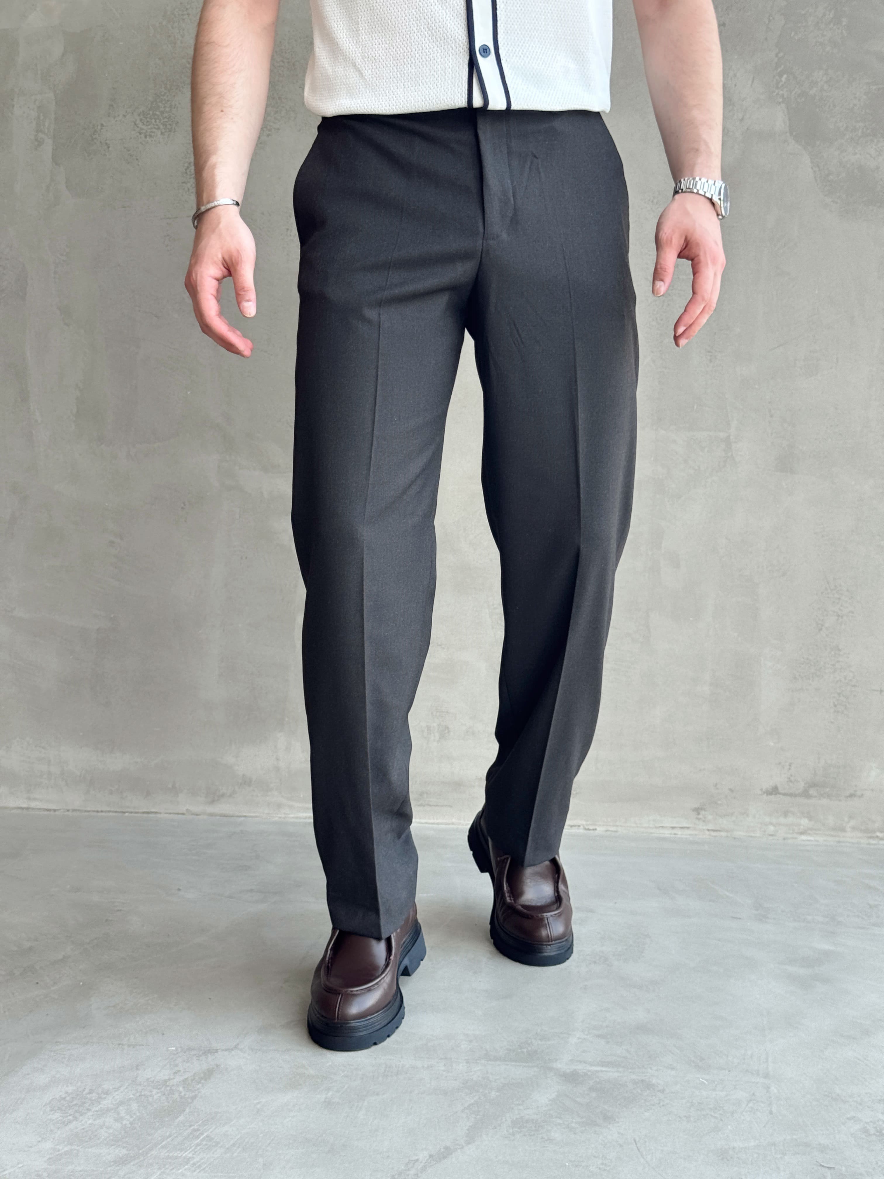 Erkek Bussines Colection Baggy Kalıp Çift Düğme Detaylı Kumaş Pantolon-Koyu Kahverengi(E1764)Ketench