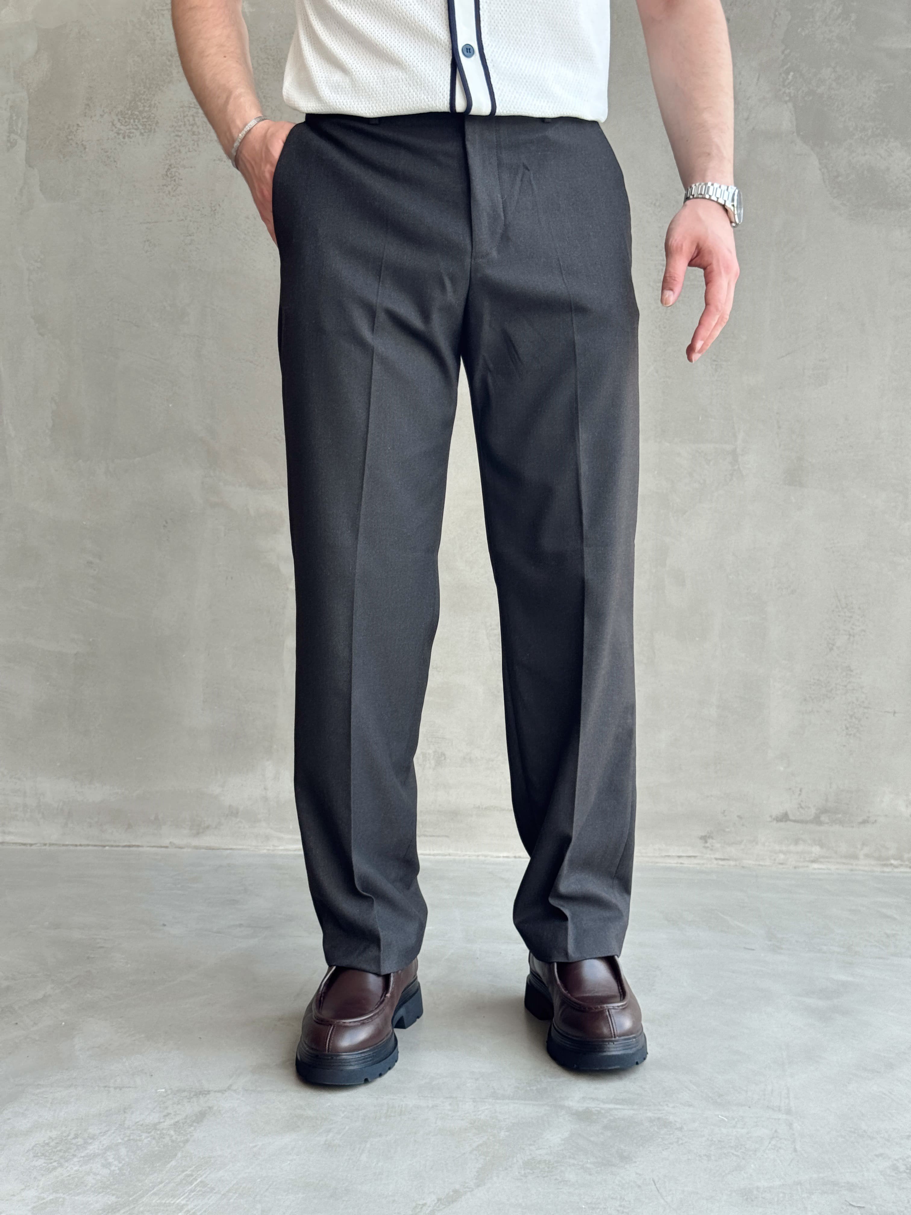 Erkek Bussines Colection Baggy Kalıp Çift Düğme Detaylı Kumaş Pantolon-Koyu Kahverengi(E1764)Ketench