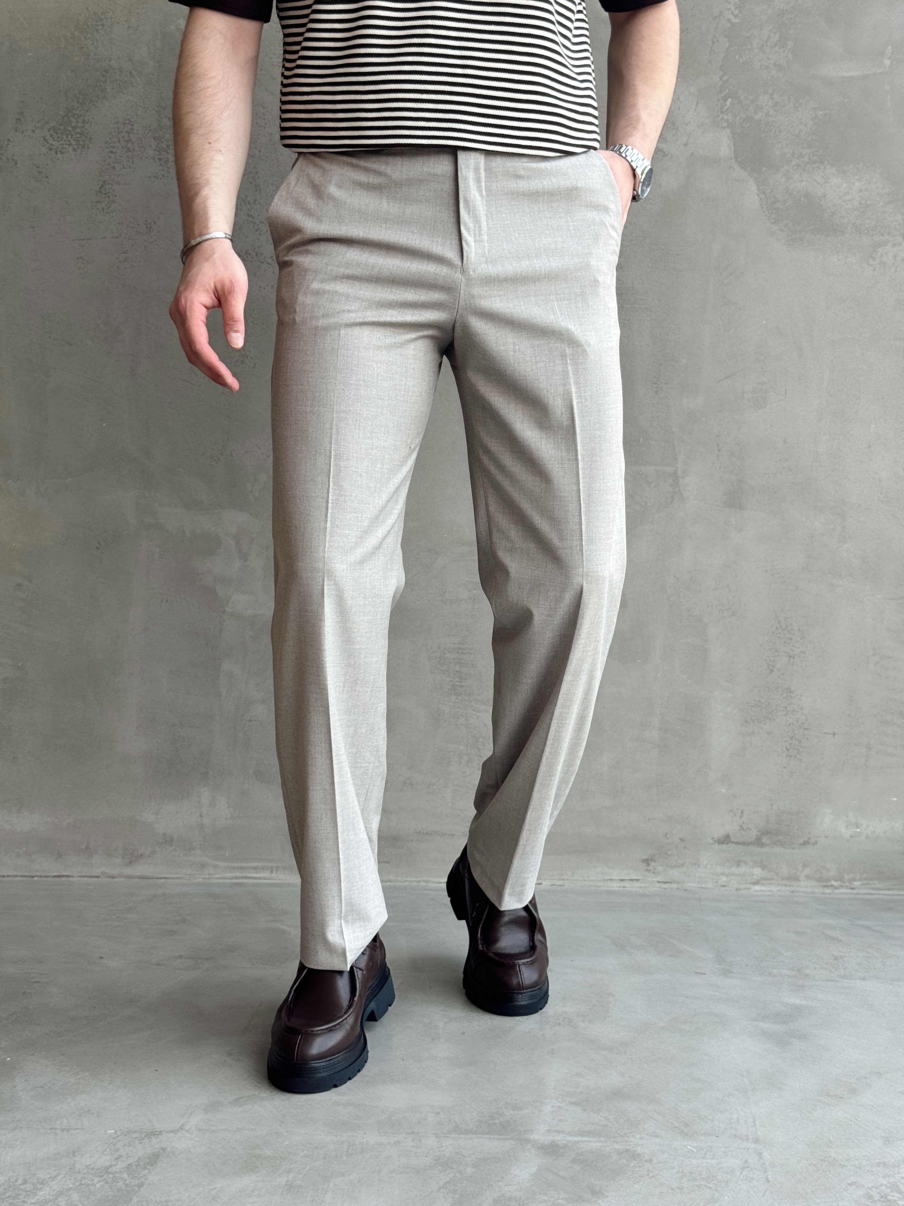 Erkek Bussines Colection Baggy Kalıp Çift Düğme Detaylı Kumaş Pantolon-Taş(E1764)Ketench