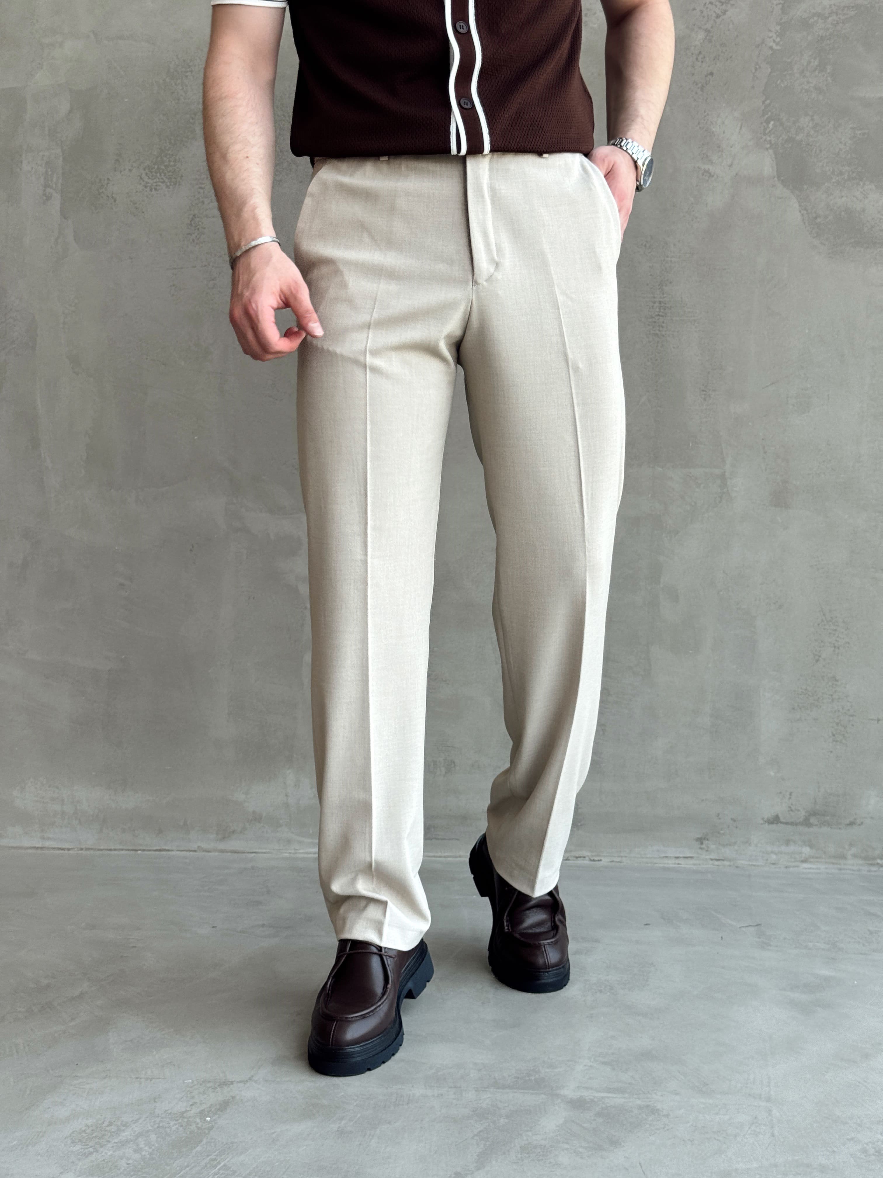 Erkek Bussines Colection Baggy Kalıp Çift Düğme Detaylı Kumaş Pantolon-Bej(E1764)Ketench