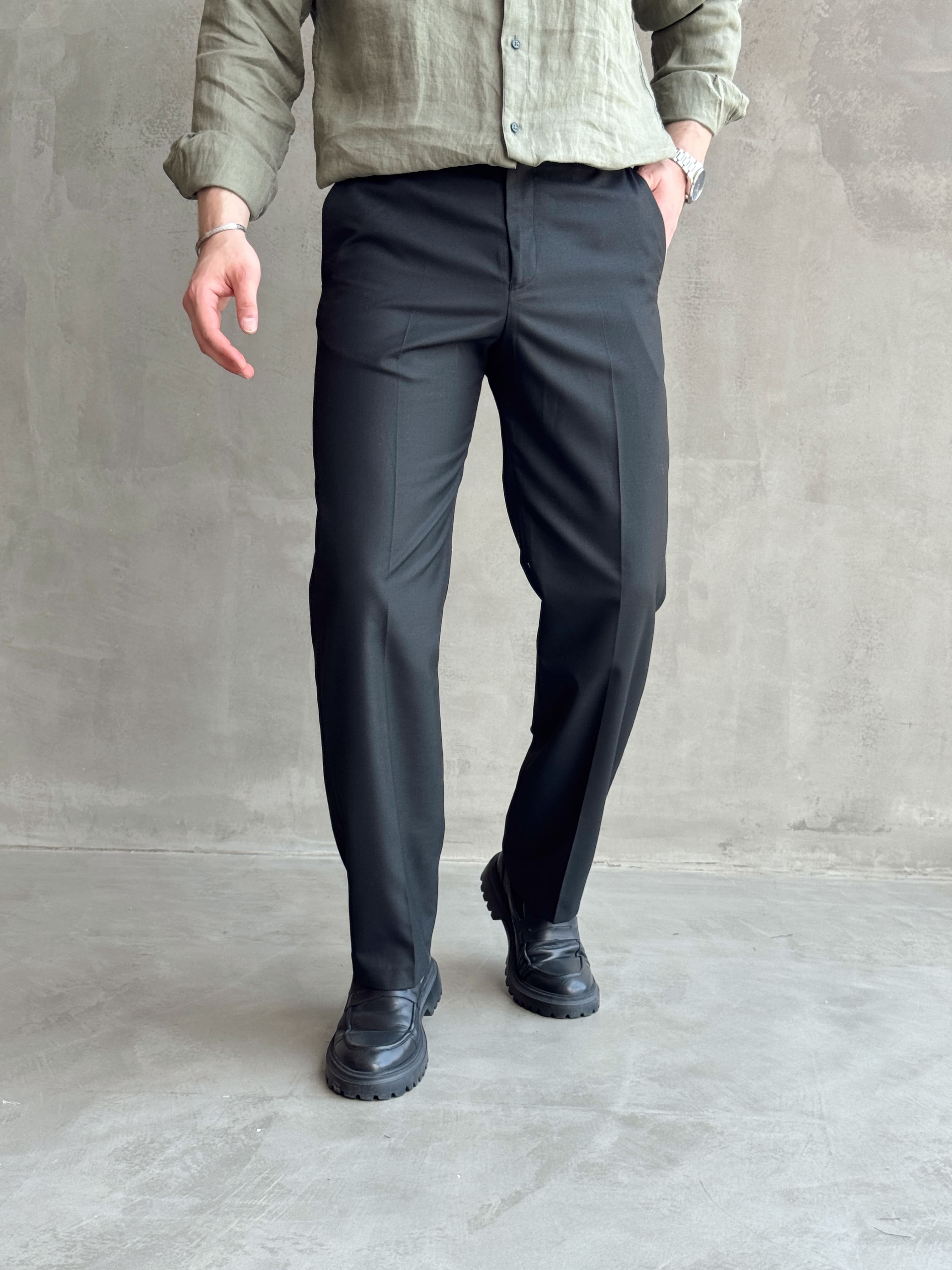 Erkek Bussines Colection Baggy Kalıp Çift Düğme Detaylı Kumaş Pantolon-Siyah(E1764)Ketench