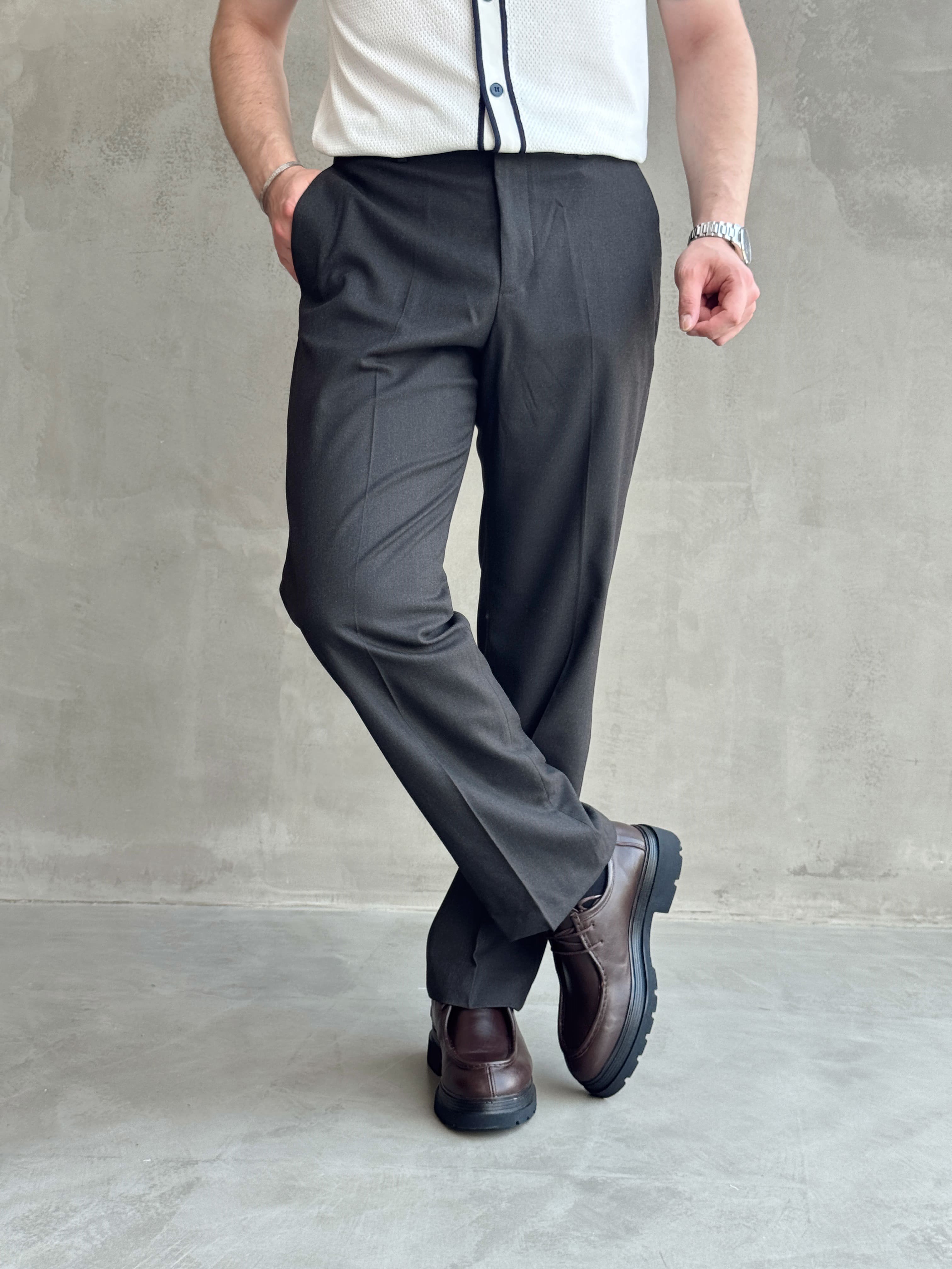 Erkek Bussines Colection Baggy Kalıp Çift Düğme Detaylı Kumaş Pantolon-Koyu Kahverengi(E1764)Ketench