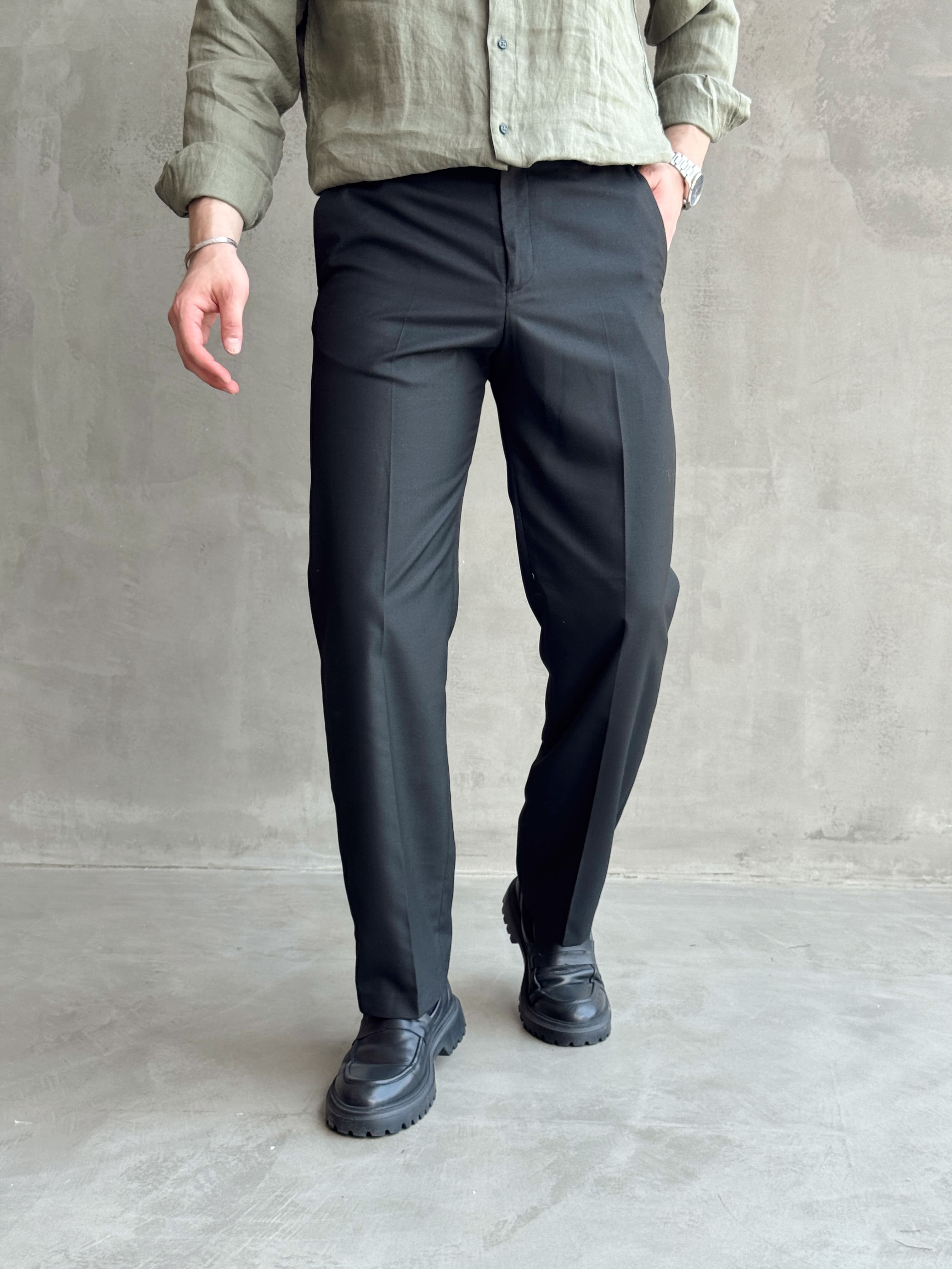 Erkek Bussines Colection Baggy Kalıp Çift Düğme Detaylı Kumaş Pantolon-Siyah(E1764)Ketench