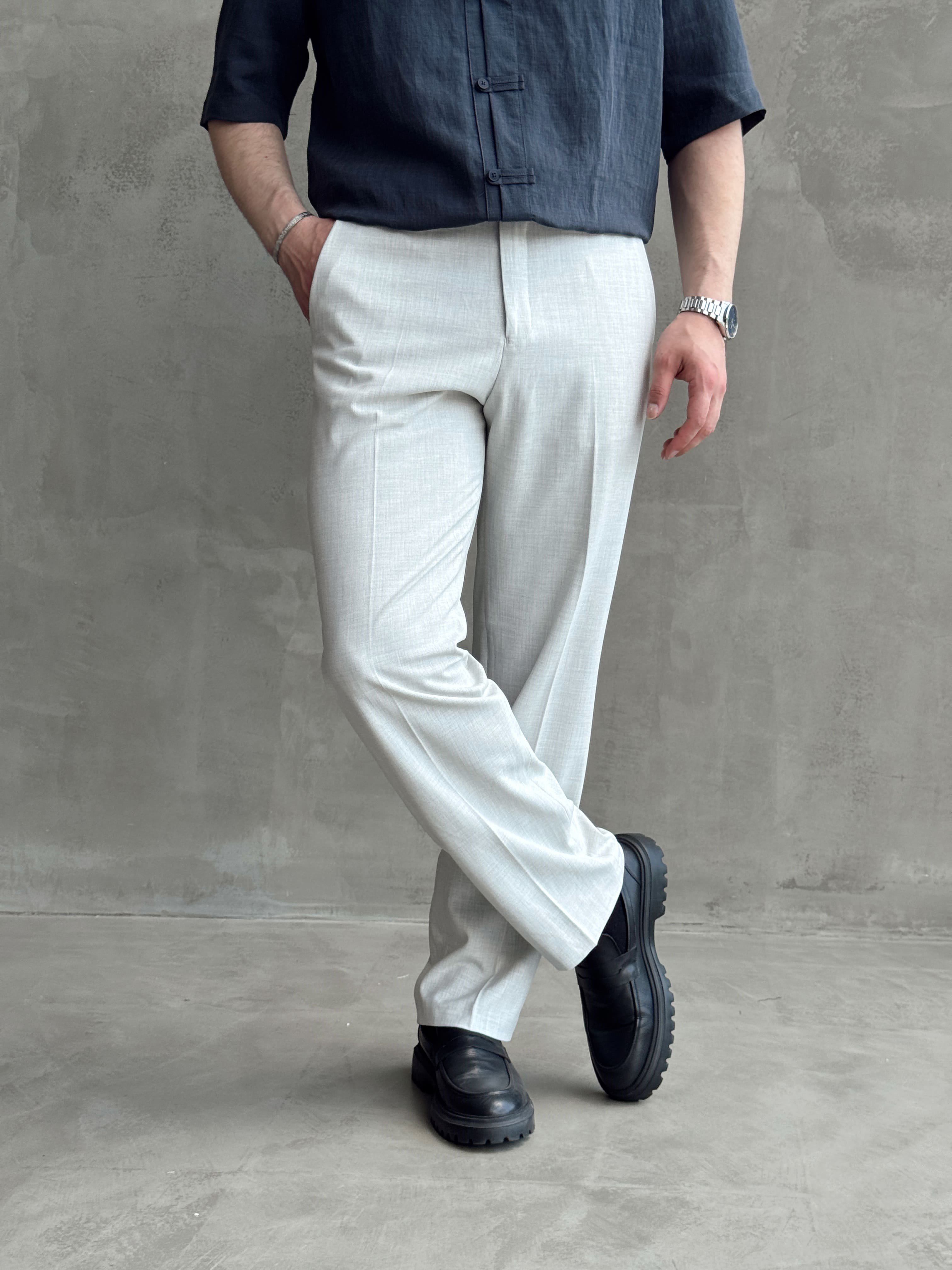 Erkek Bussines Colection Baggy Kalıp Çift Düğme Detaylı Kumaş Pantolon-Gri(E1764)Ketench