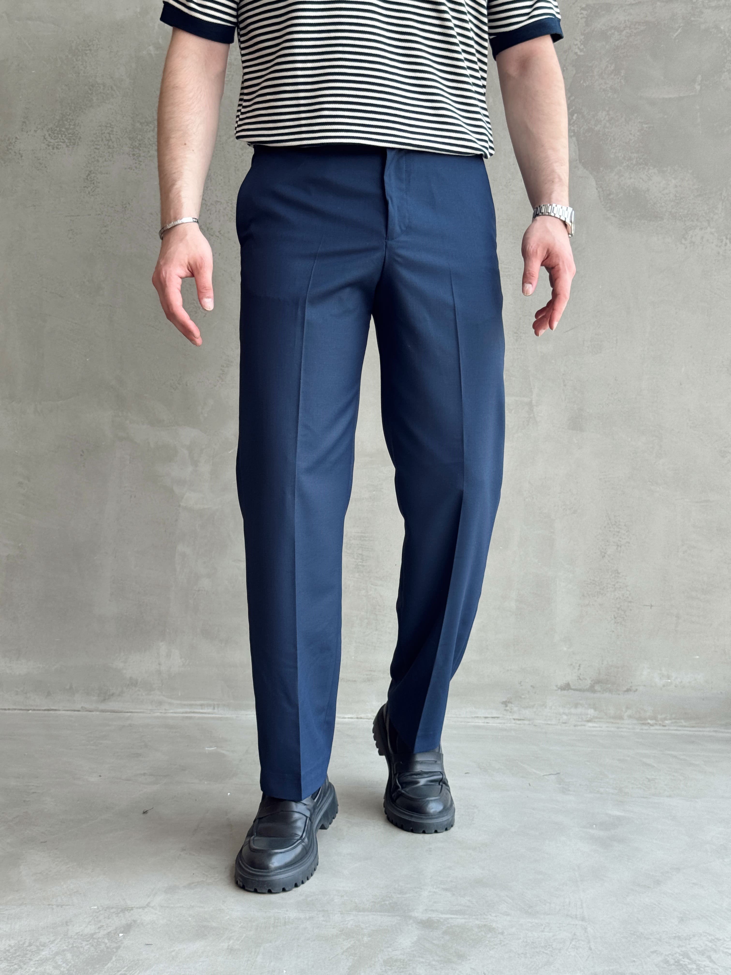 Erkek Bussines Colection Baggy Kalıp Çift Düğme Detaylı Kumaş Pantolon-Lacivert(E1764)Ketench