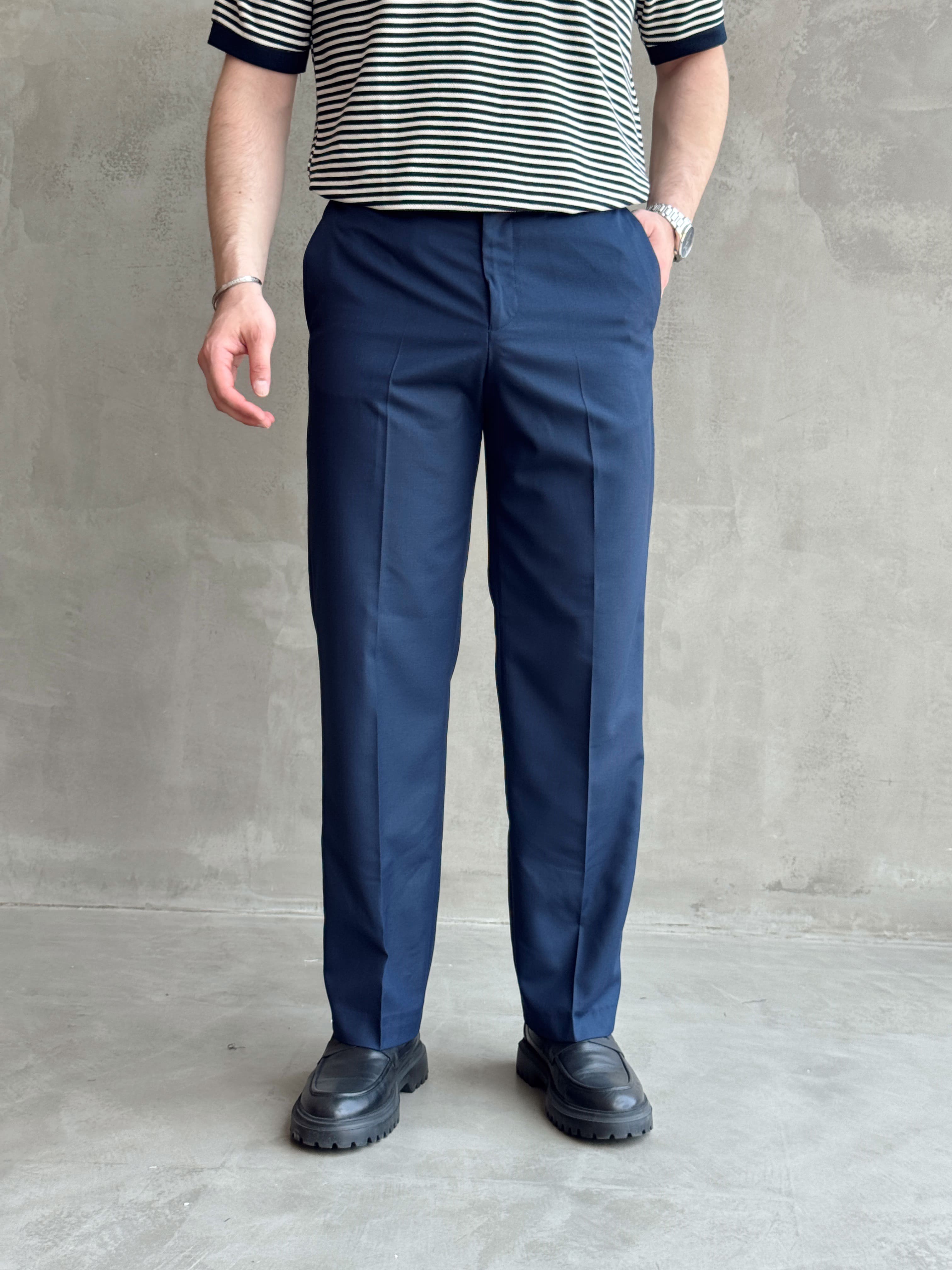 Erkek Bussines Colection Baggy Kalıp Çift Düğme Detaylı Kumaş Pantolon-Lacivert(E1764)Ketench