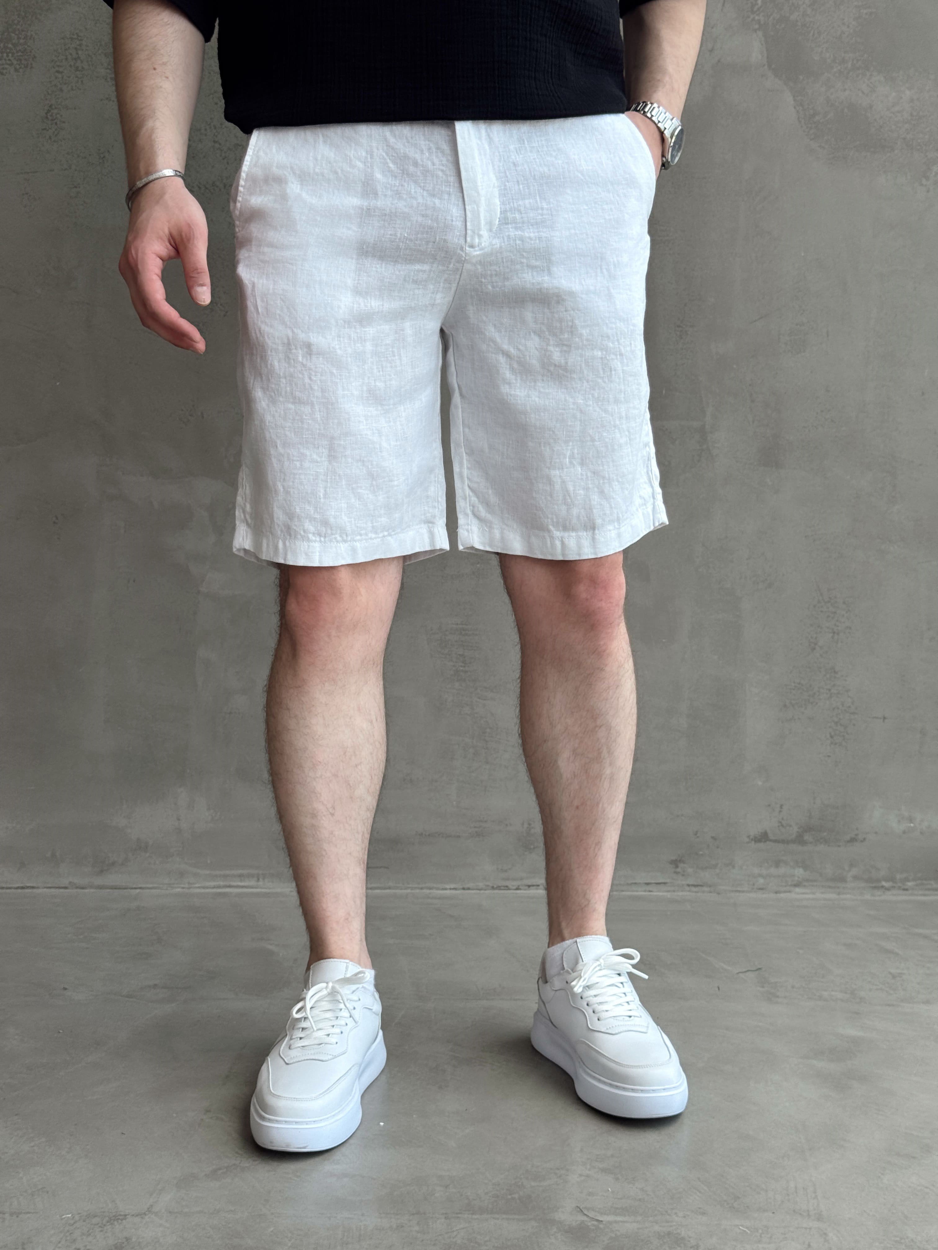 Erkek Bussines Colection Loose Fit İp Detaylı Beli Lastikli %100 Keten Şort-Beyaz(E1766)Ketench