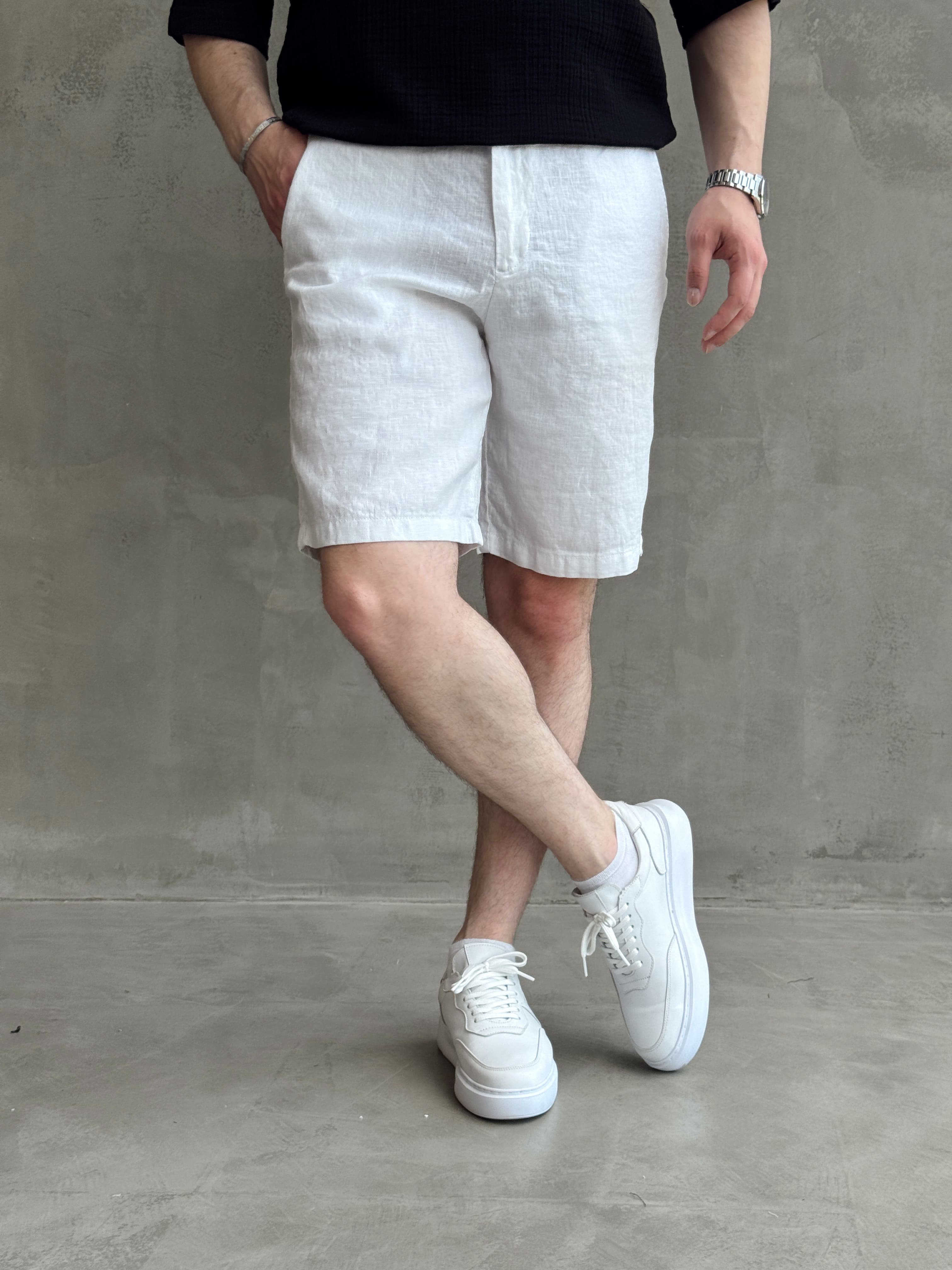 Erkek Bussines Colection Loose Fit İp Detaylı Beli Lastikli %100 Keten Şort-Beyaz(E1766)Ketench