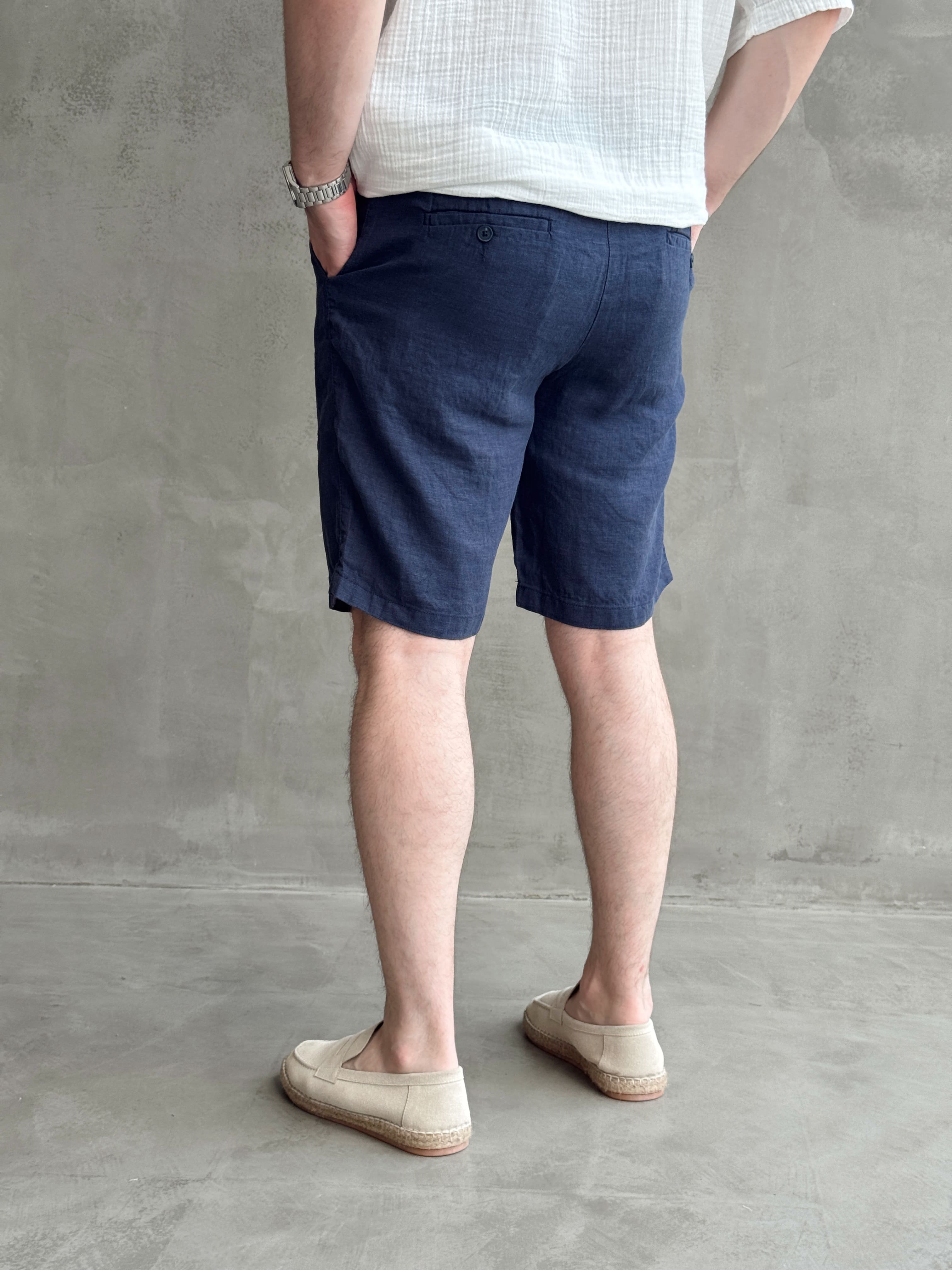 Erkek Bussines Colection Loose Fit İp Detaylı Beli Lastikli %100 Keten Şort-Lacivert(E1766)Ketench