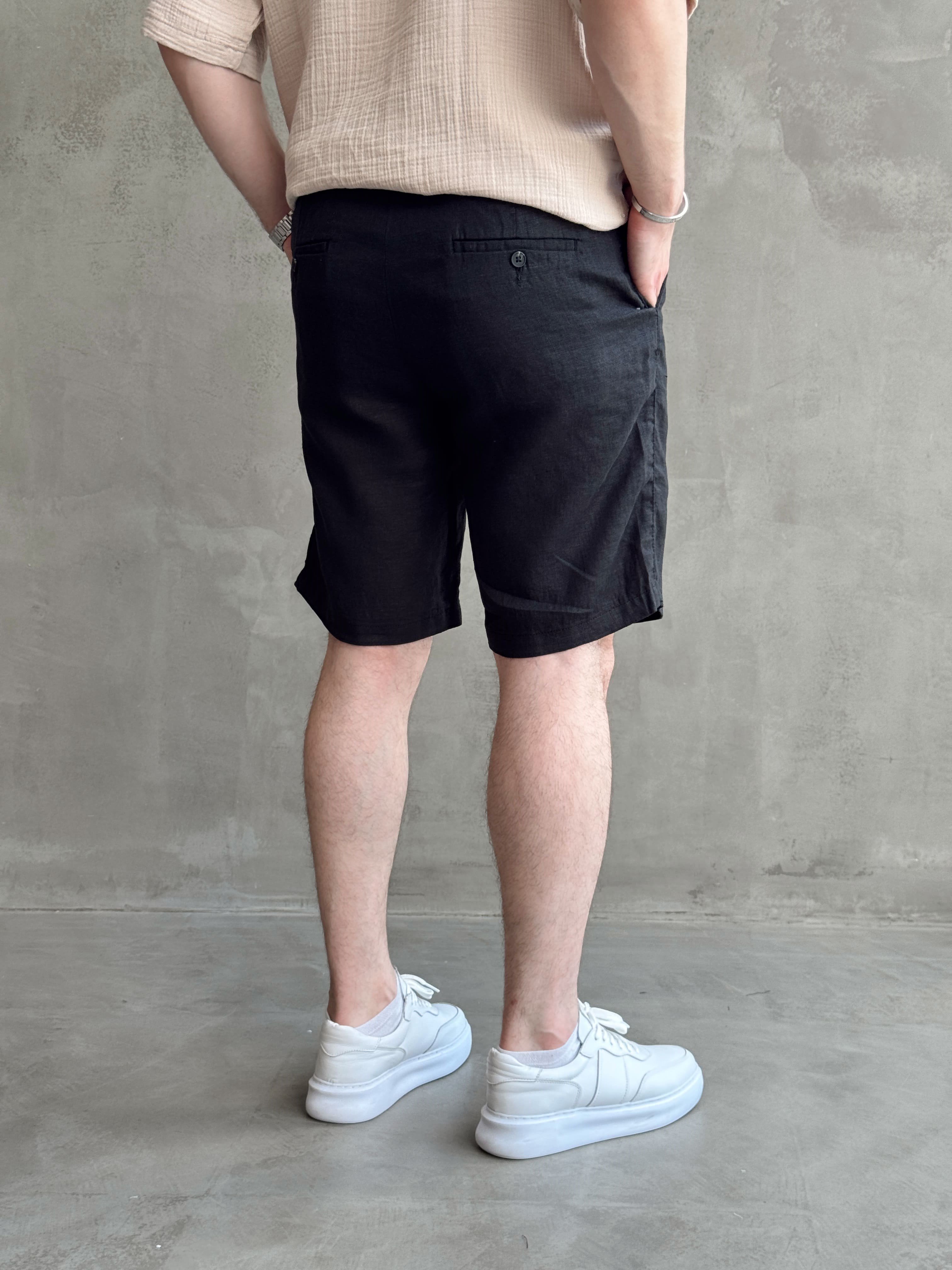 Erkek Bussines Colection Loose Fit İp Detaylı Beli Lastikli %100 Keten Şort-Siyah(E1766)Ketench