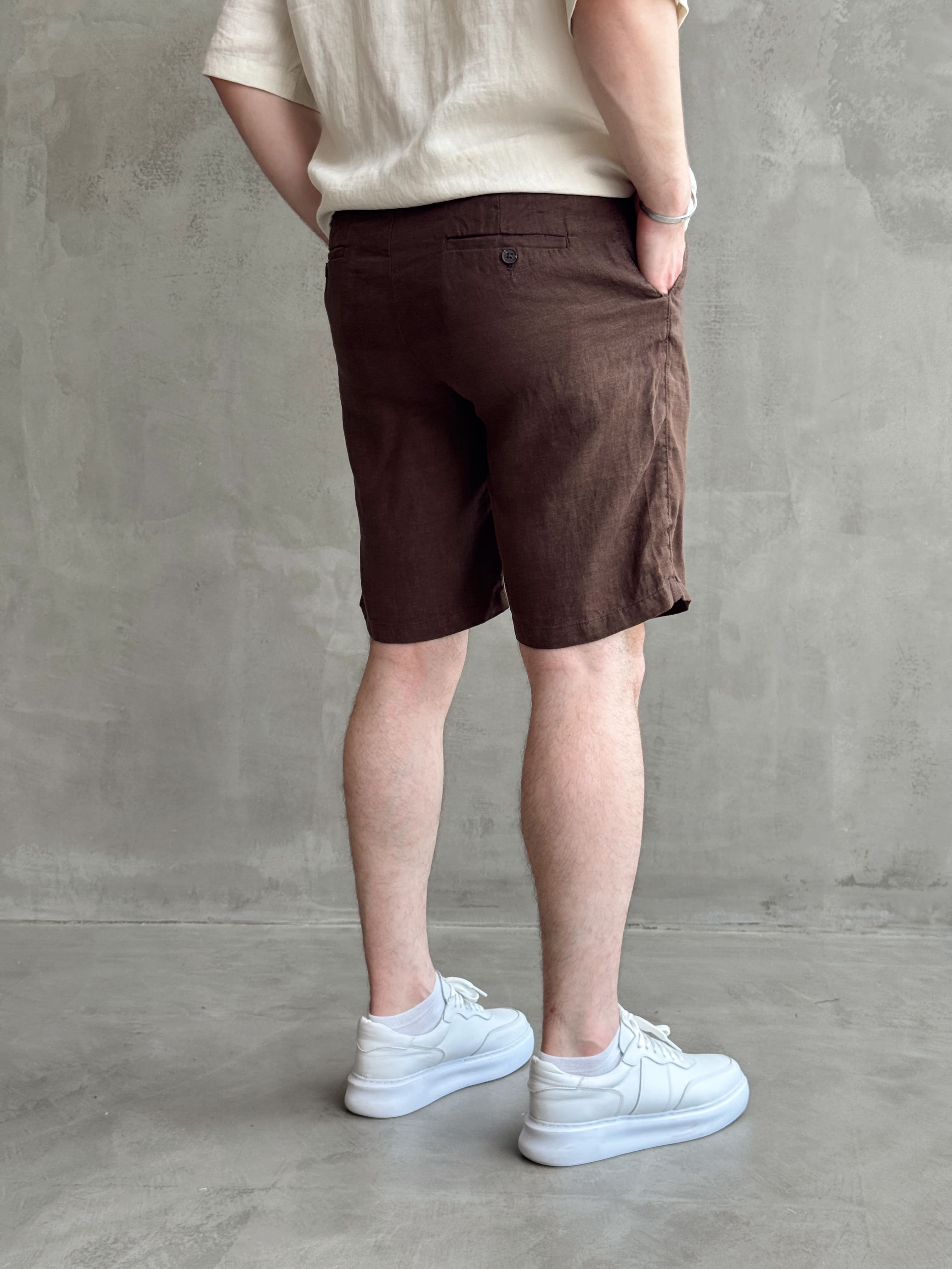 Erkek Bussines Colection Loose Fit İp Detaylı Beli Lastikli %100 Keten Şort-Kahverengi(E1766)Ketench