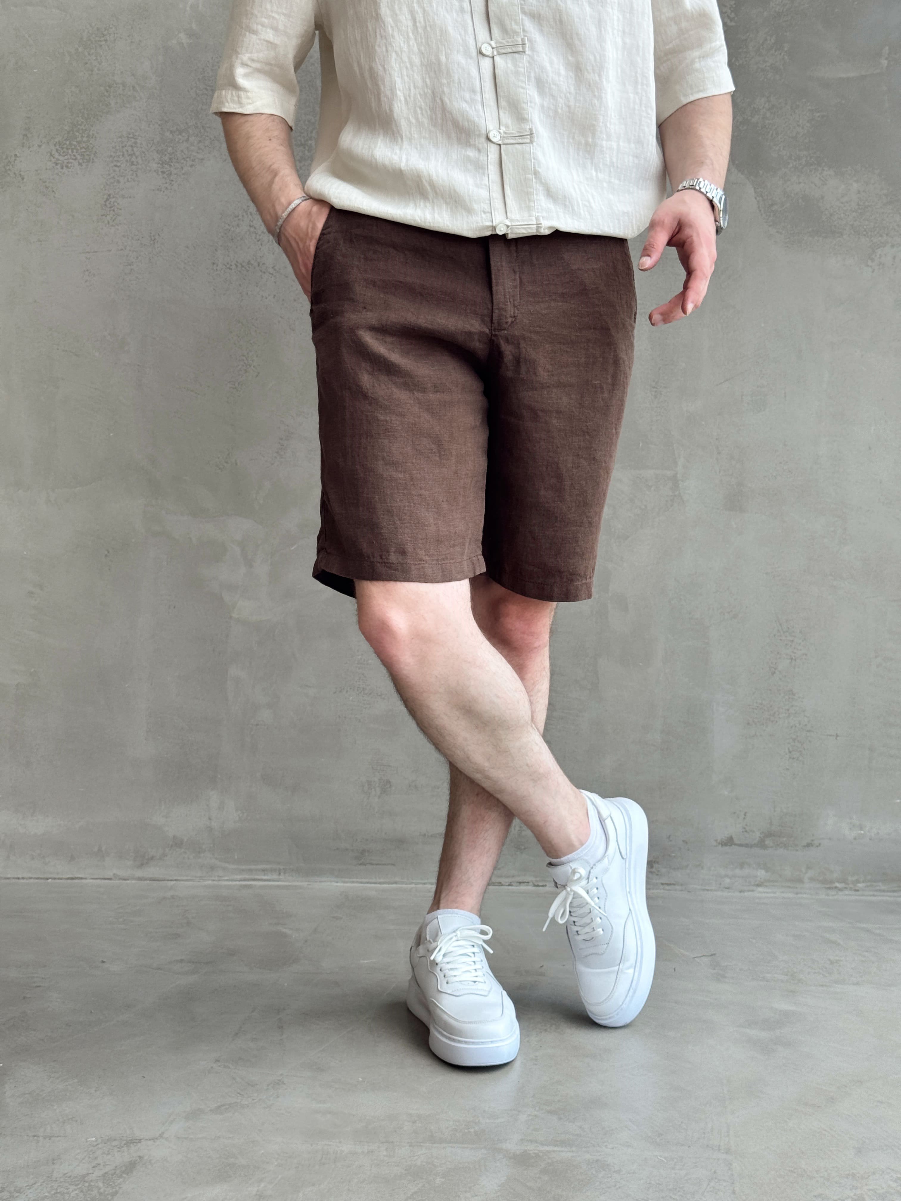 Erkek Bussines Colection Loose Fit İp Detaylı Beli Lastikli %100 Keten Şort-Kahverengi(E1766)Ketench