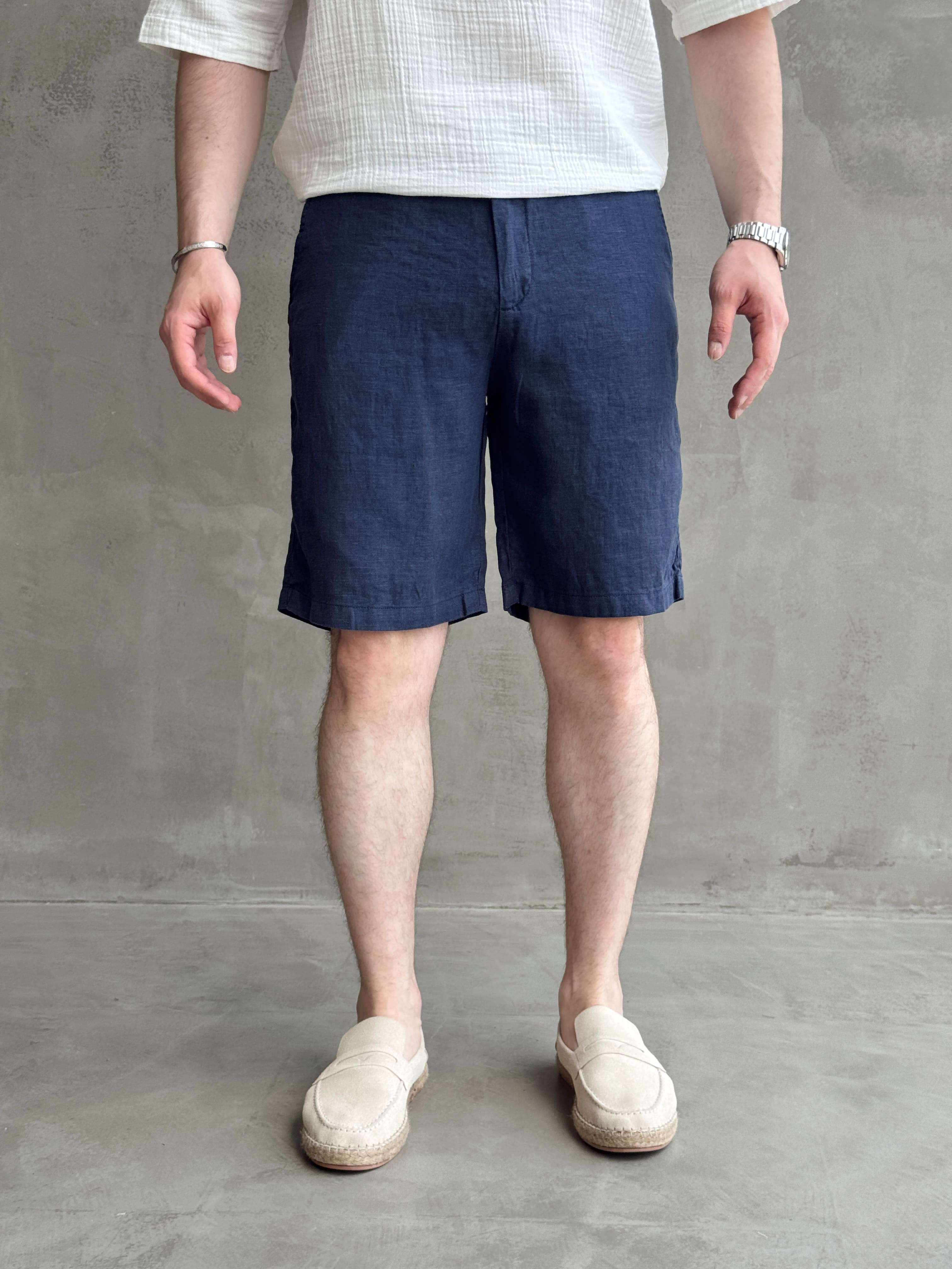 Erkek Bussines Colection Loose Fit İp Detaylı Beli Lastikli %100 Keten Şort-Lacivert(E1766)Ketench