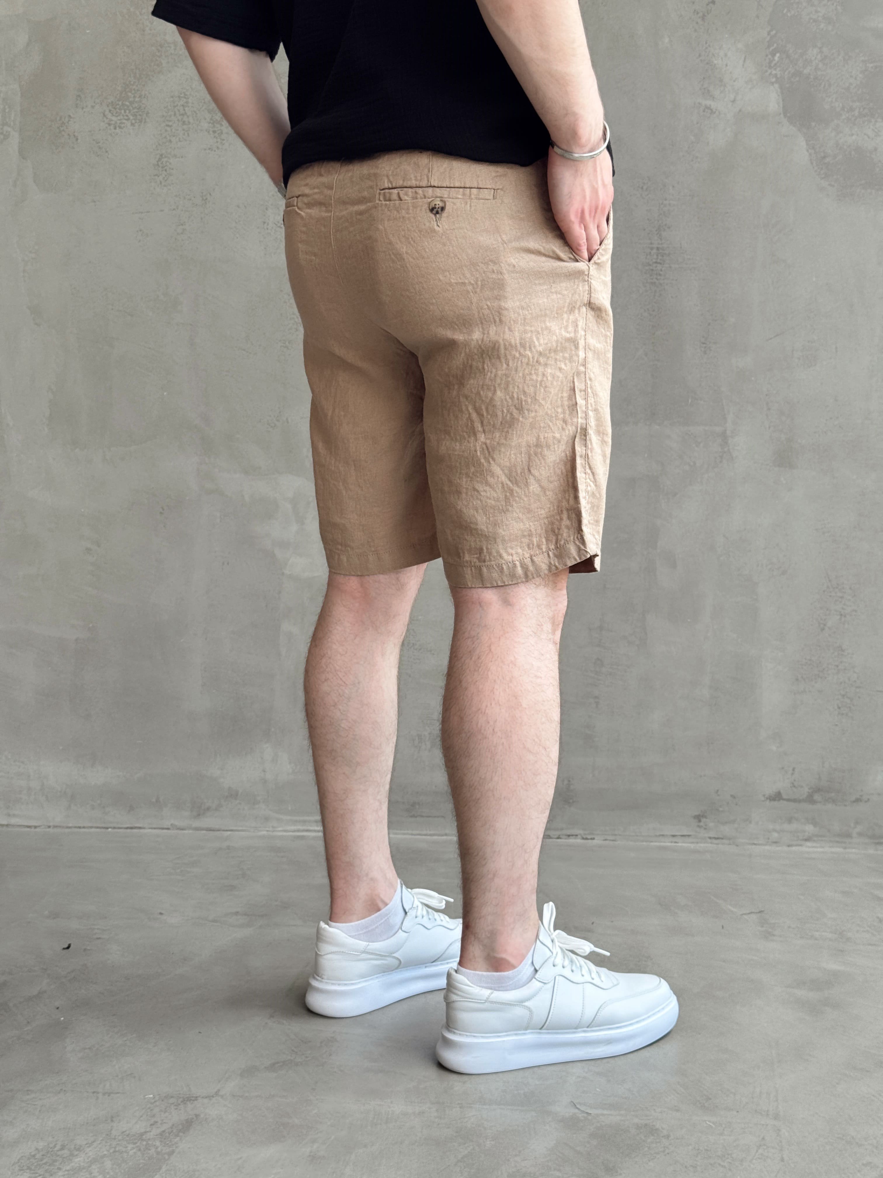 Erkek Bussines Colection Loose Fit İp Detaylı Beli Lastikli %100 Keten Şort-Vizon(E1766)Ketench
