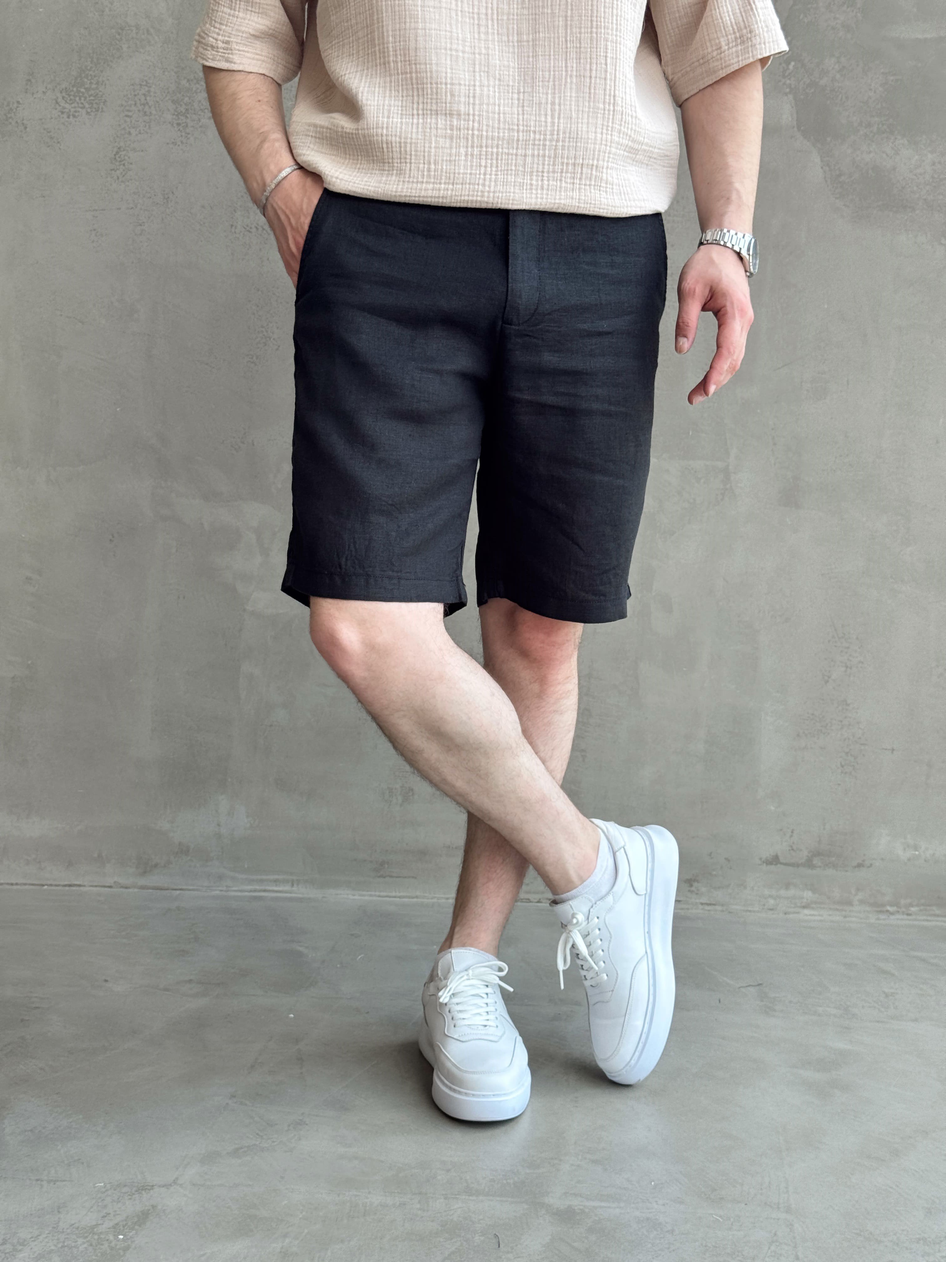 Erkek Bussines Colection Loose Fit İp Detaylı Beli Lastikli %100 Keten Şort-Siyah(E1766)Ketench