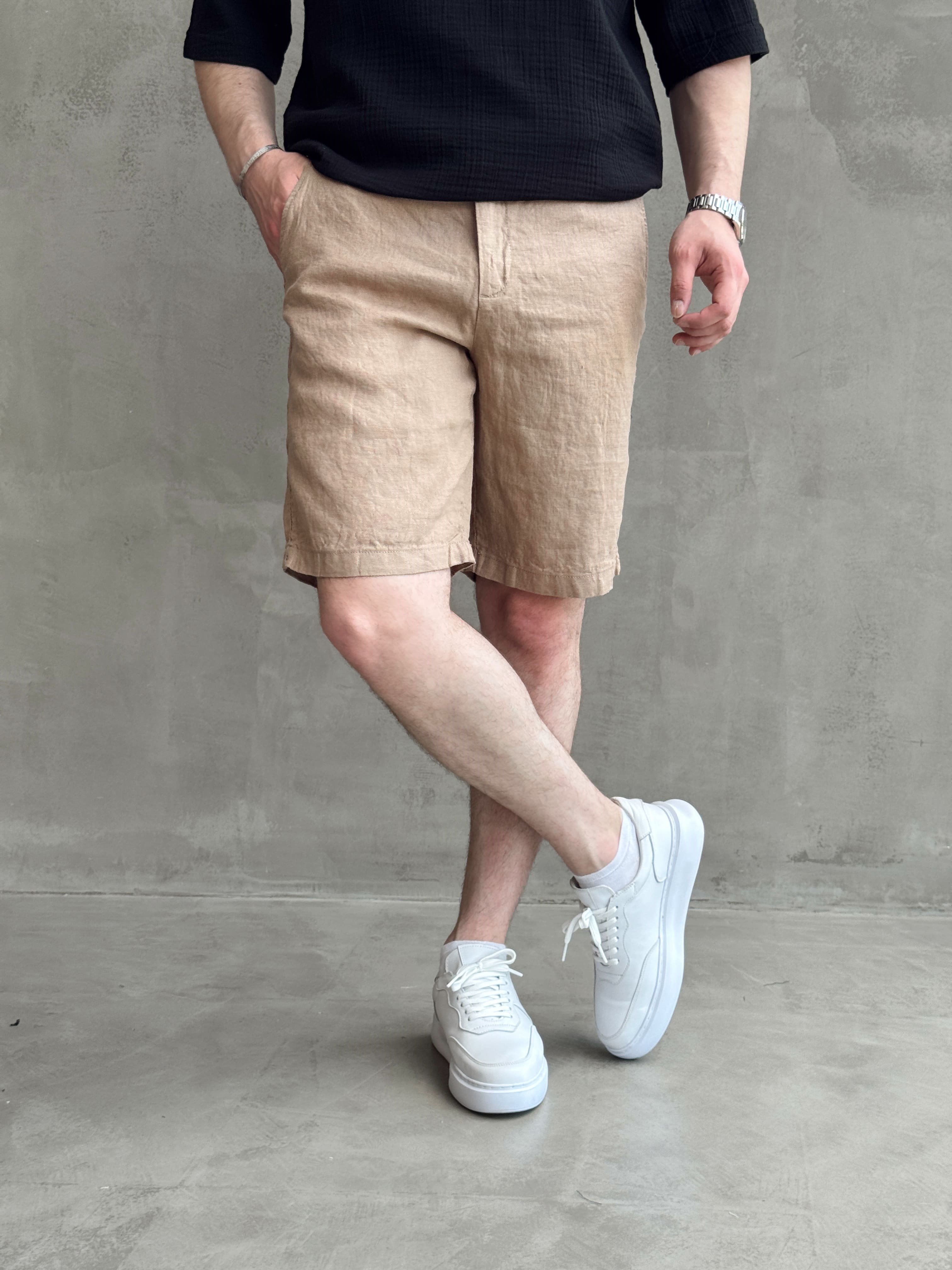 Erkek Bussines Colection Loose Fit İp Detaylı Beli Lastikli %100 Keten Şort-Vizon(E1766)Ketench
