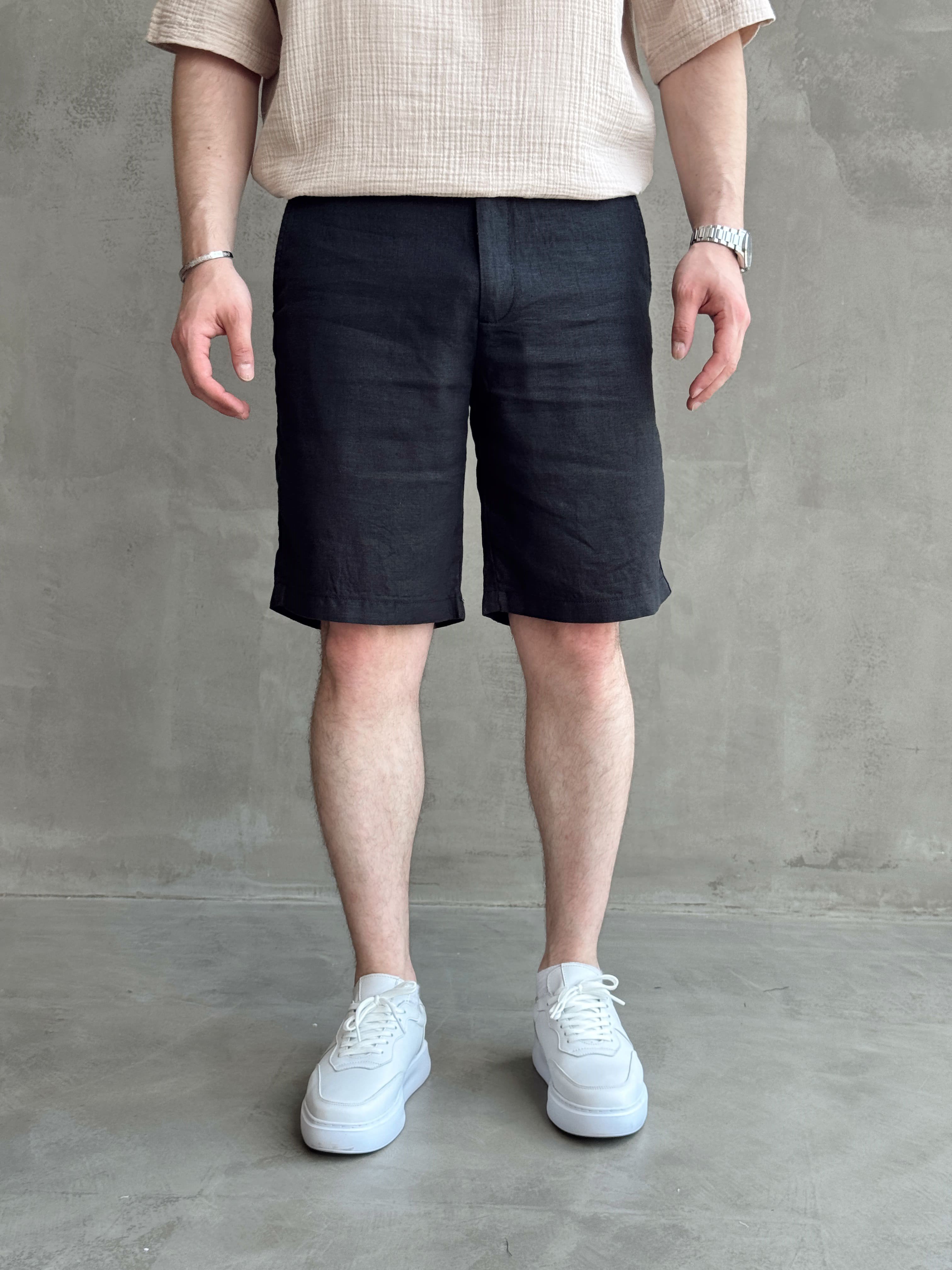 Erkek Bussines Colection Loose Fit İp Detaylı Beli Lastikli %100 Keten Şort-Siyah(E1766)Ketench