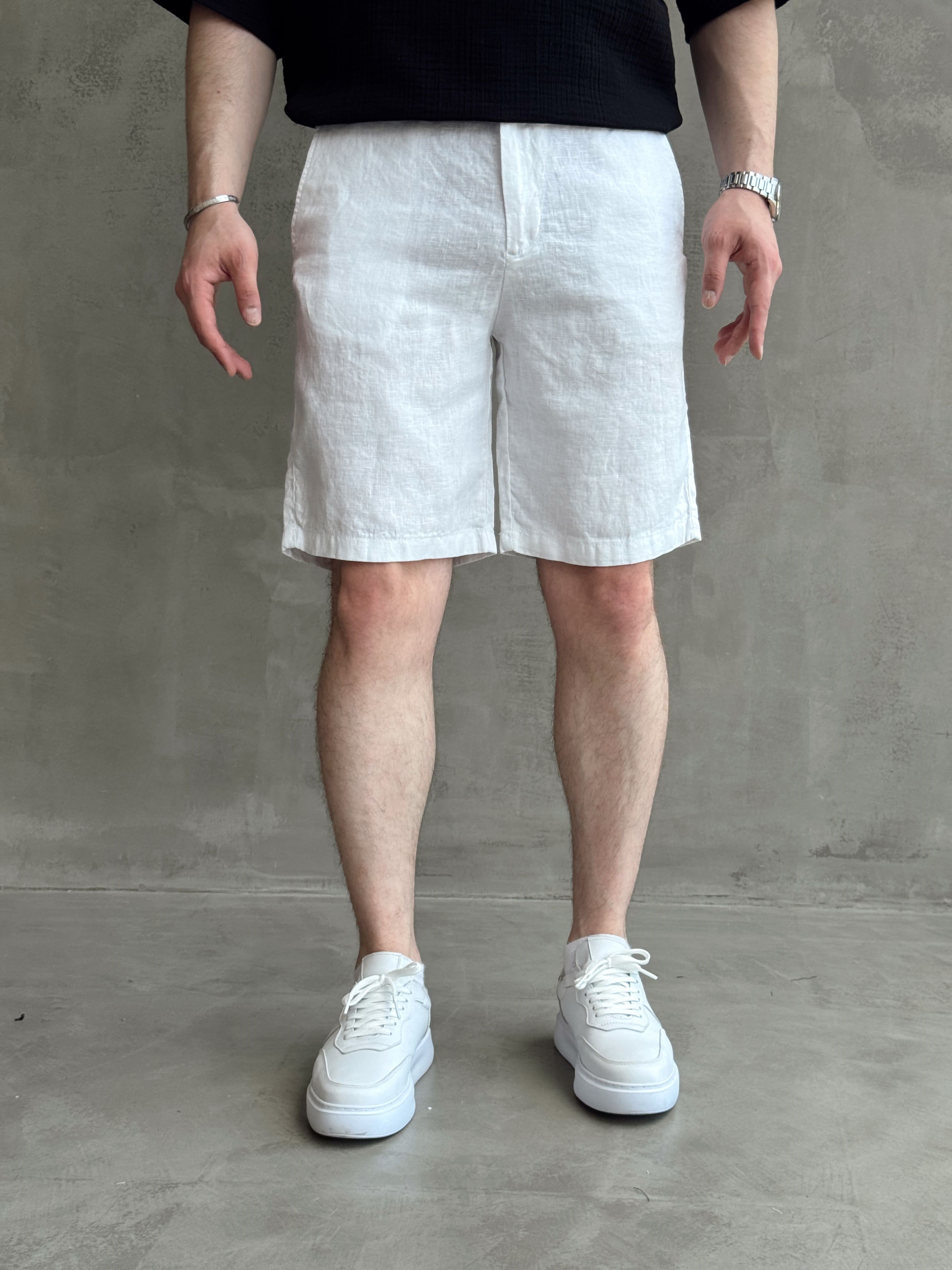 Erkek Bussines Colection Loose Fit İp Detaylı Beli Lastikli %100 Keten Şort-Beyaz(E1766)Ketench