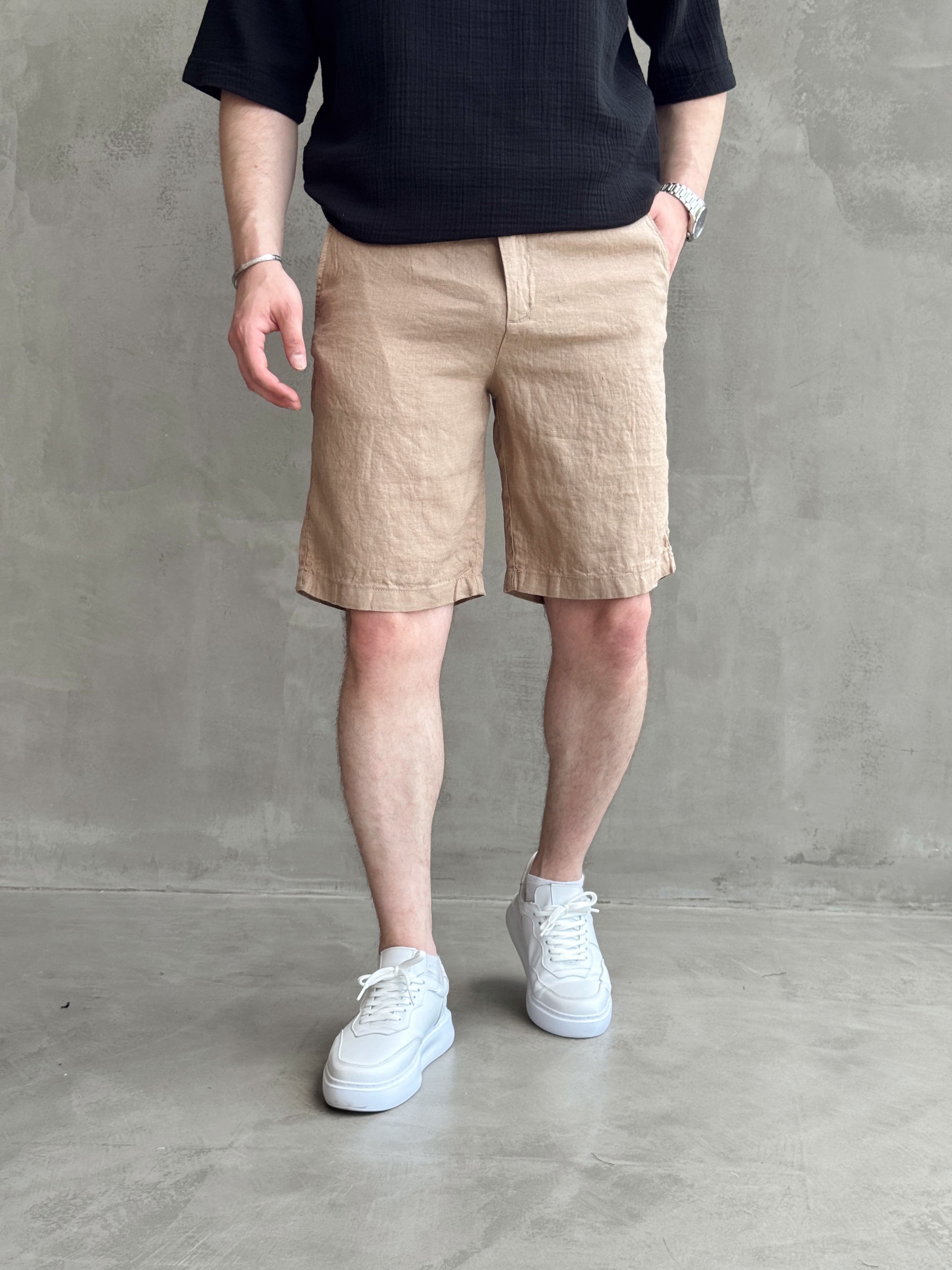 Erkek Bussines Colection Loose Fit İp Detaylı Beli Lastikli %100 Keten Şort-Vizon(E1766)Ketench