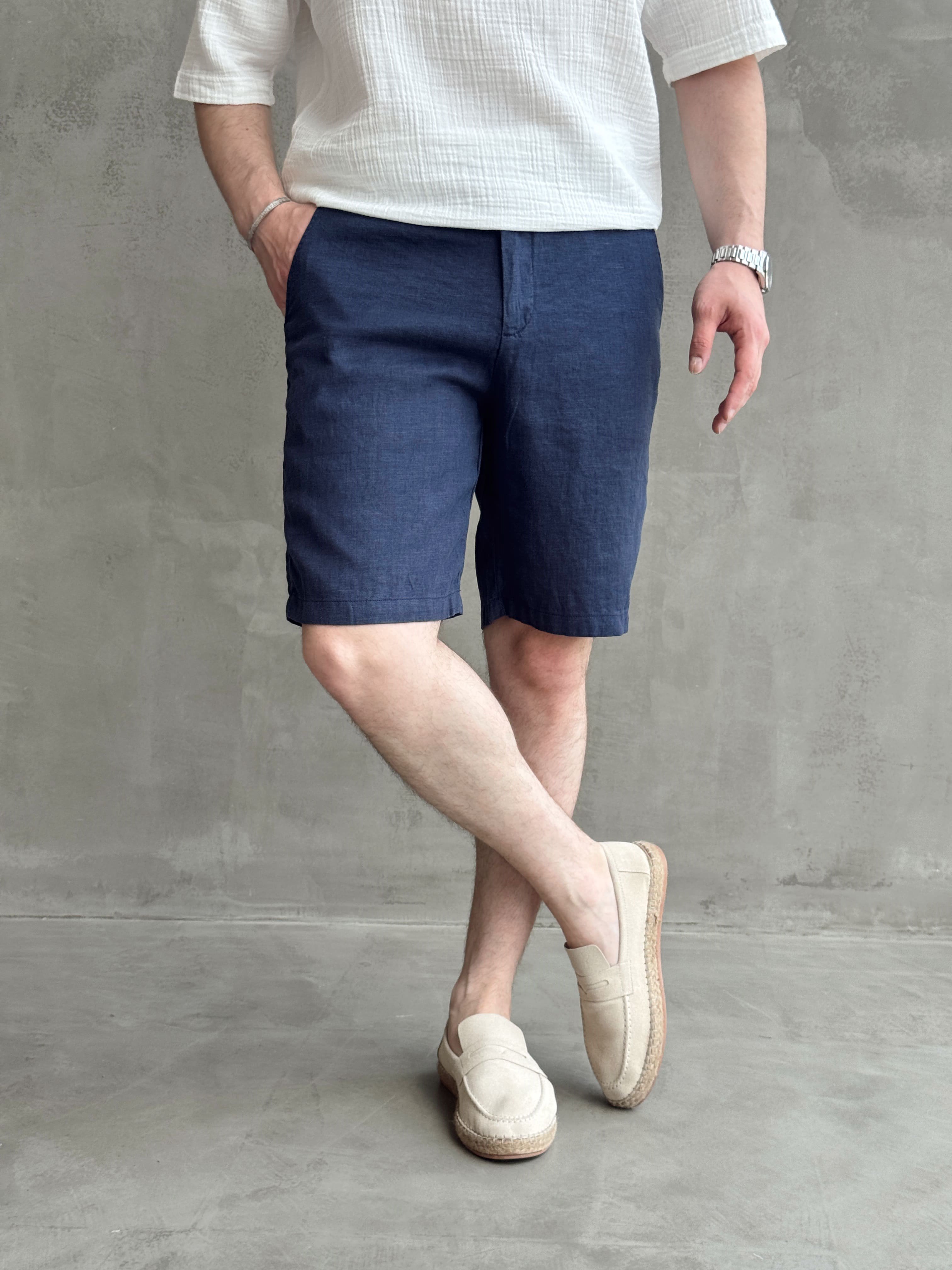 Erkek Bussines Colection Loose Fit İp Detaylı Beli Lastikli %100 Keten Şort-Lacivert(E1766)Ketench