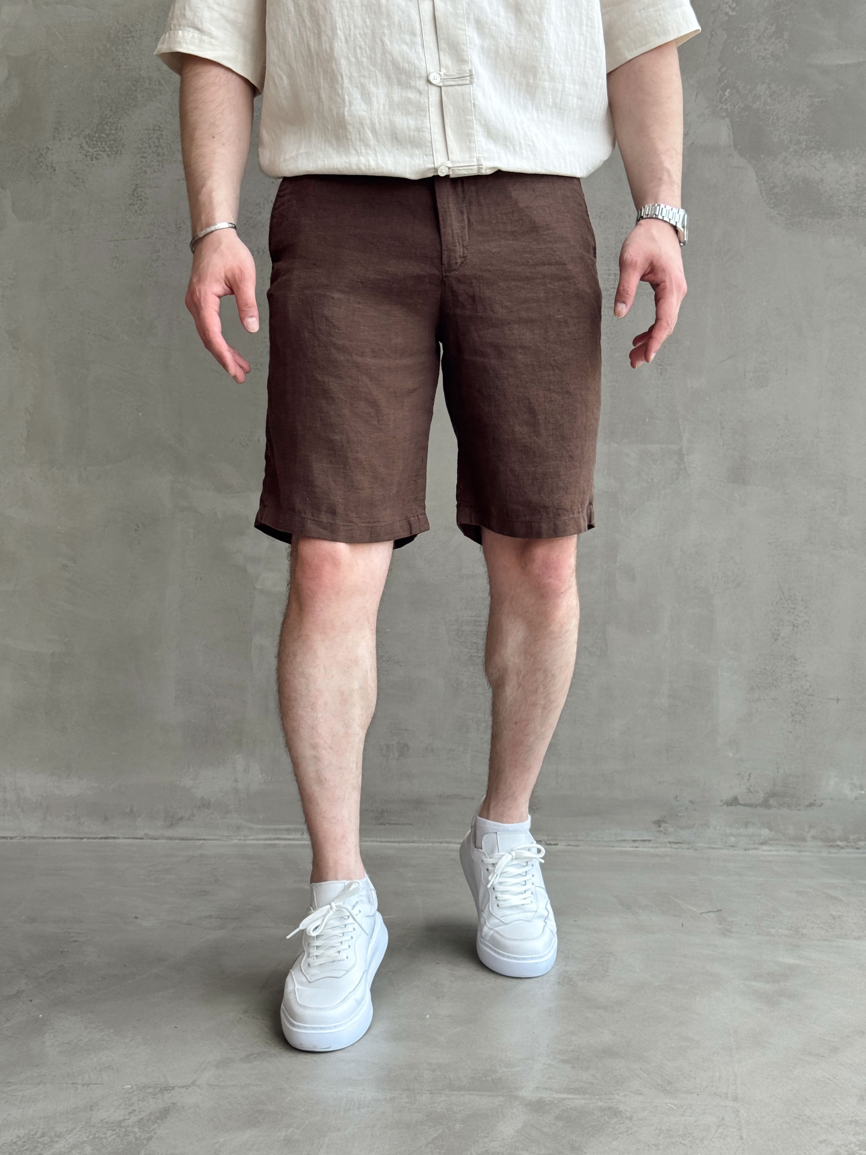 Erkek Bussines Colection Loose Fit İp Detaylı Beli Lastikli %100 Keten Şort-Kahverengi(E1766)Ketench