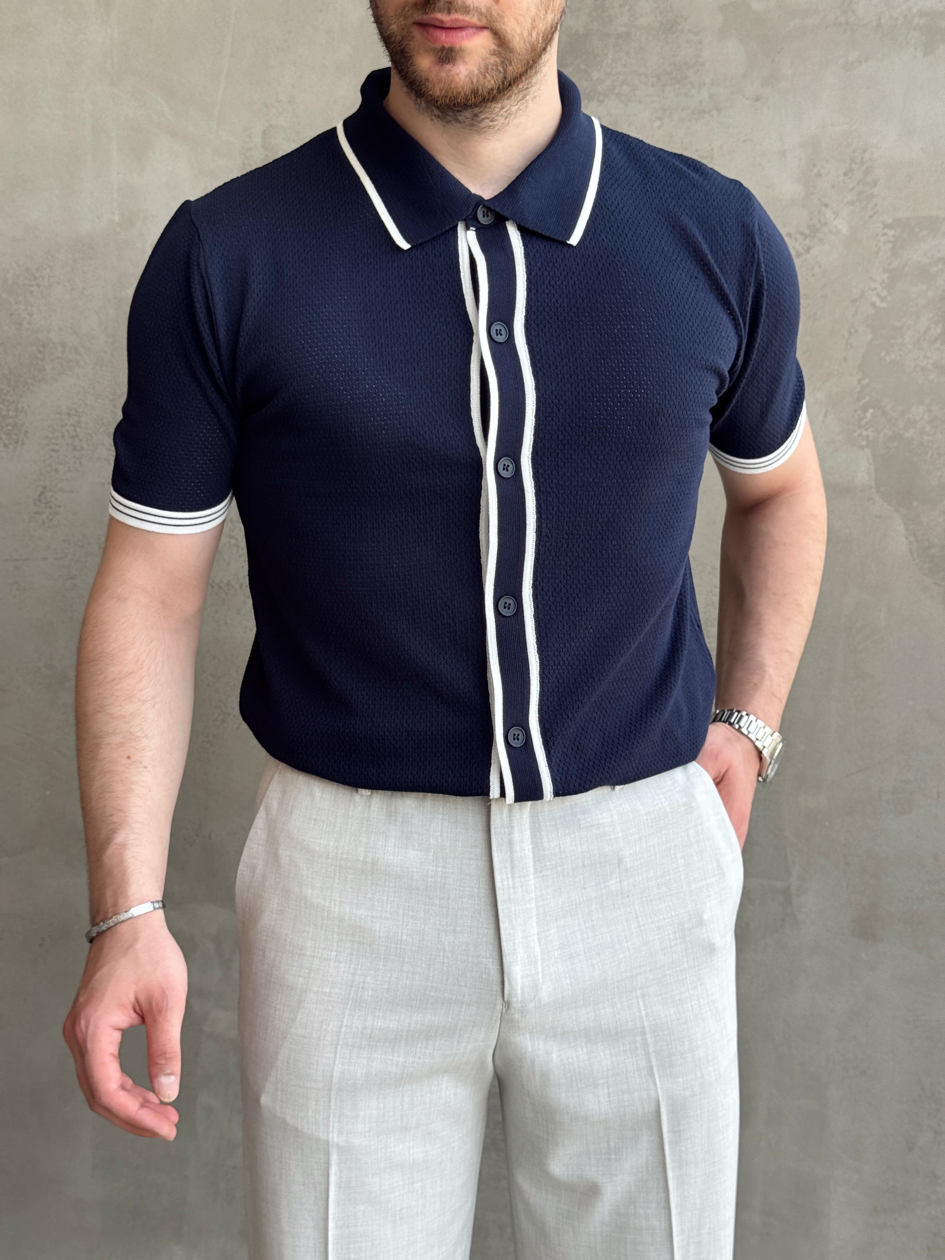 Erkek Bussines Colection Regular Fit Düğme Detaylı Triko T-Shirt-Lacivert(E1765)Ketench