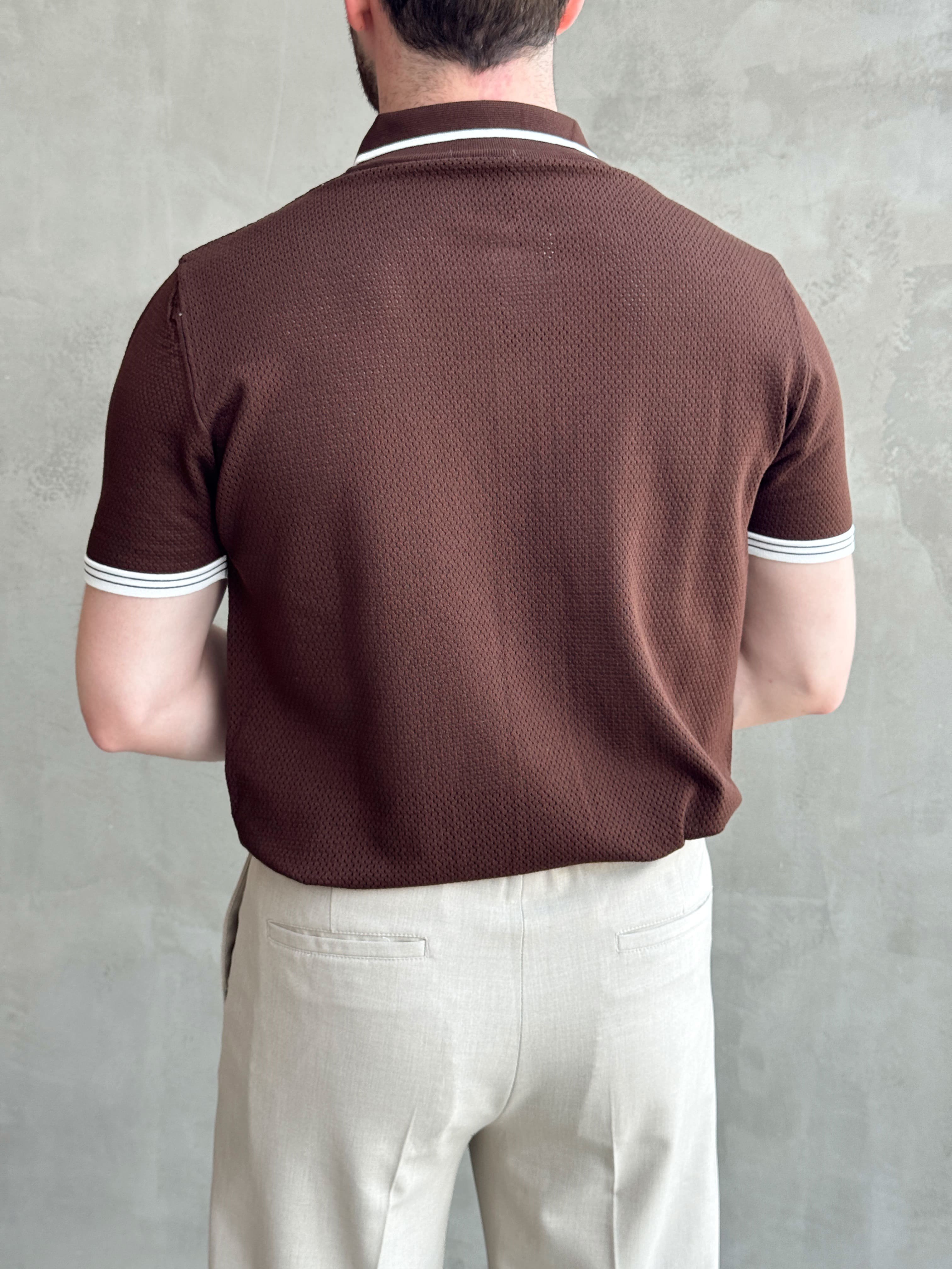 Erkek Bussines Colection Regular Fit Düğme Detaylı Triko T-Shirt-Kahverengi(E1765)Ketench