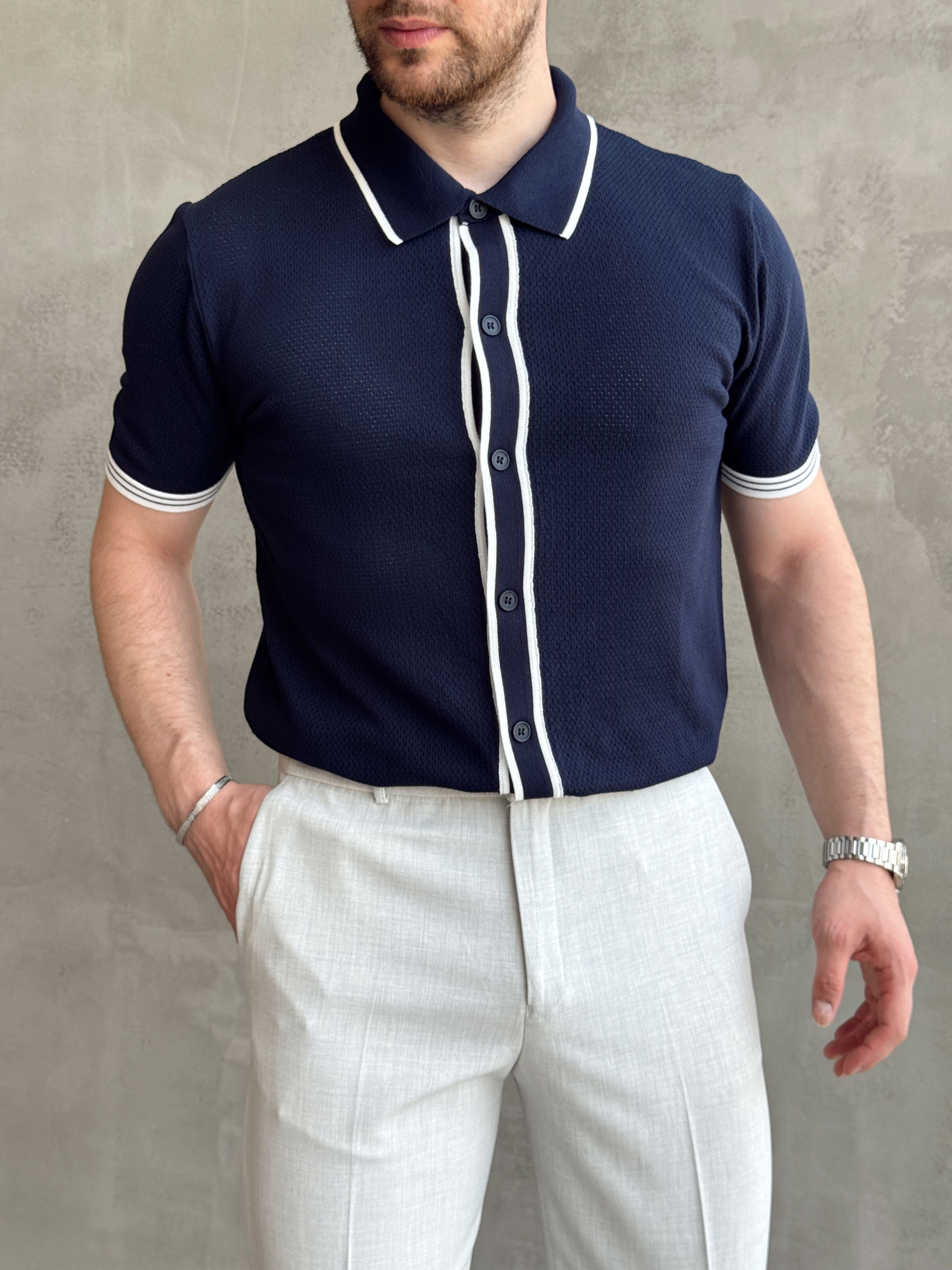 Erkek Bussines Colection Regular Fit Düğme Detaylı Triko T-Shirt-Lacivert(E1765)Ketench