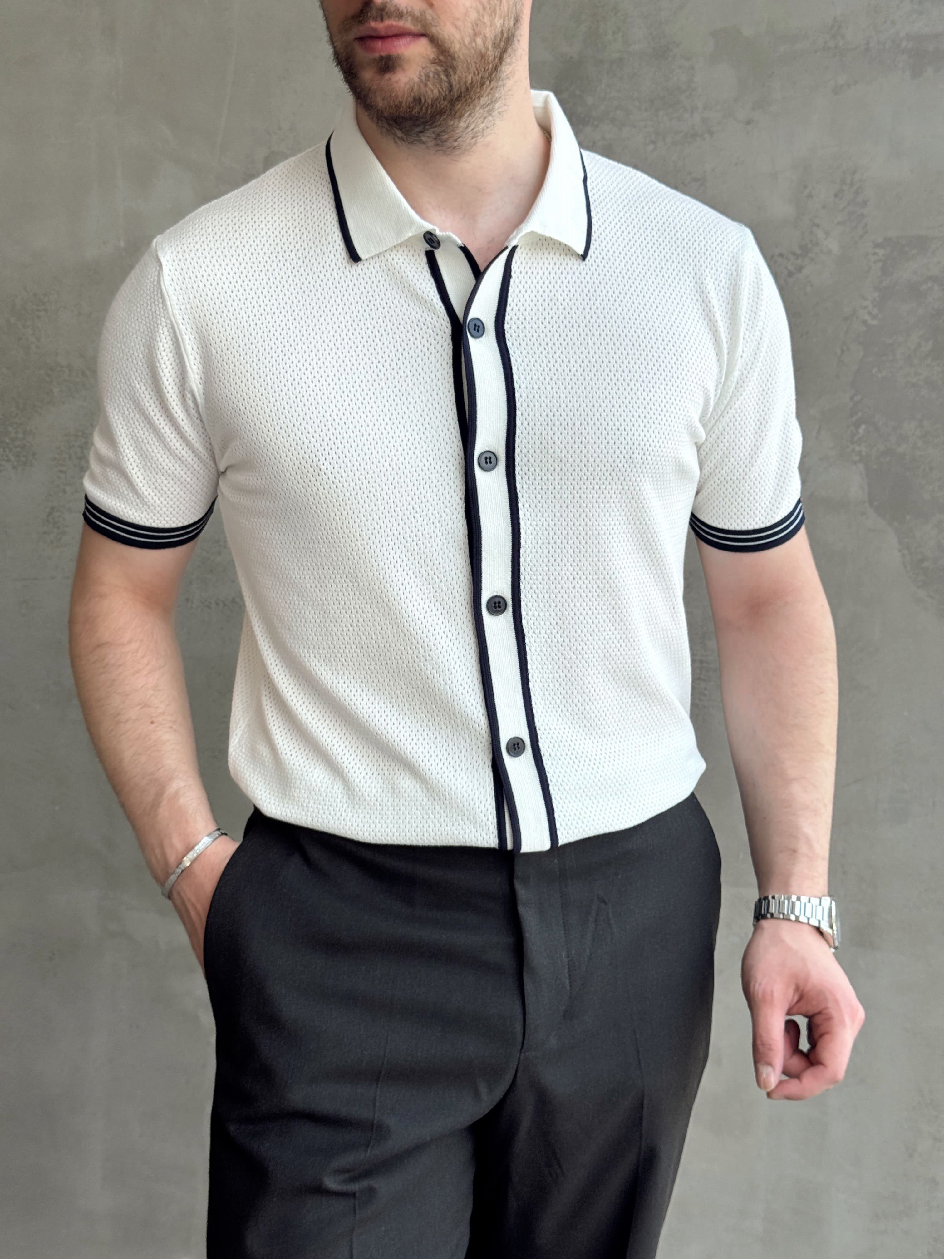 Erkek Bussines Colection Regular Fit Düğme Detaylı Triko T-Shirt-Beyaz(E1765)Ketench