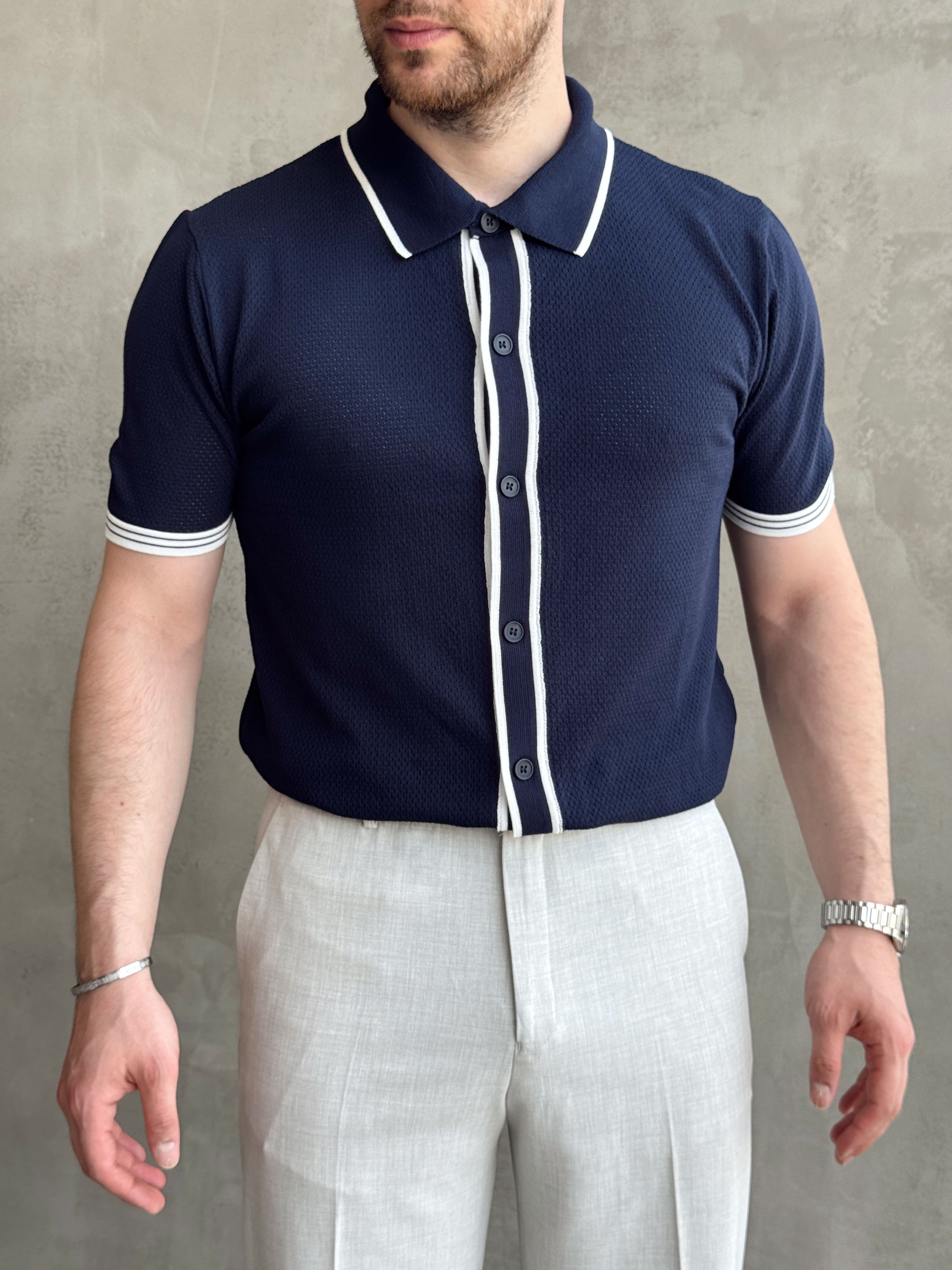 Erkek Bussines Colection Regular Fit Düğme Detaylı Triko T-Shirt-Lacivert(E1765)Ketench