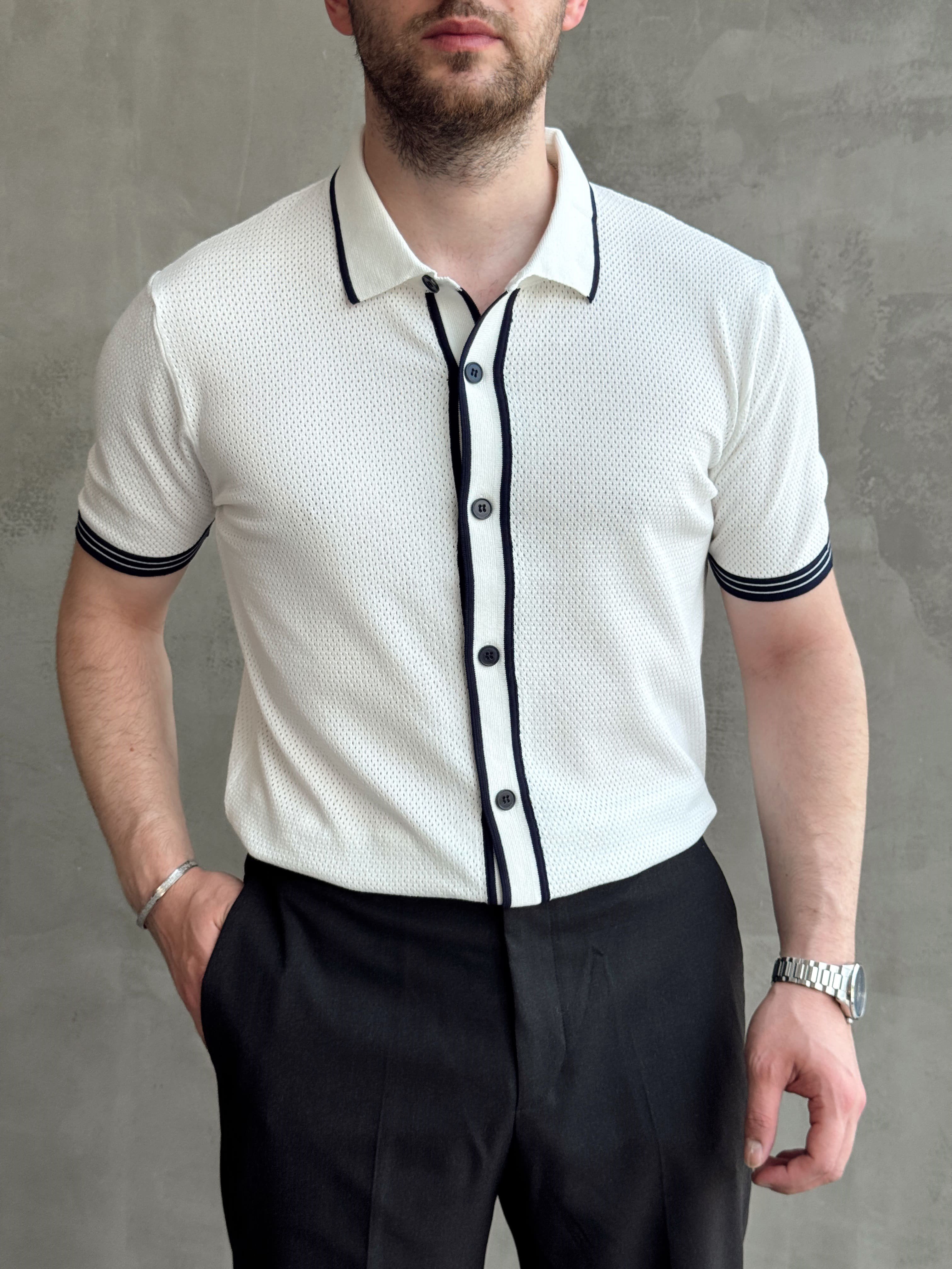 Erkek Bussines Colection Regular Fit Düğme Detaylı Triko T-Shirt-Beyaz(E1765)Ketench