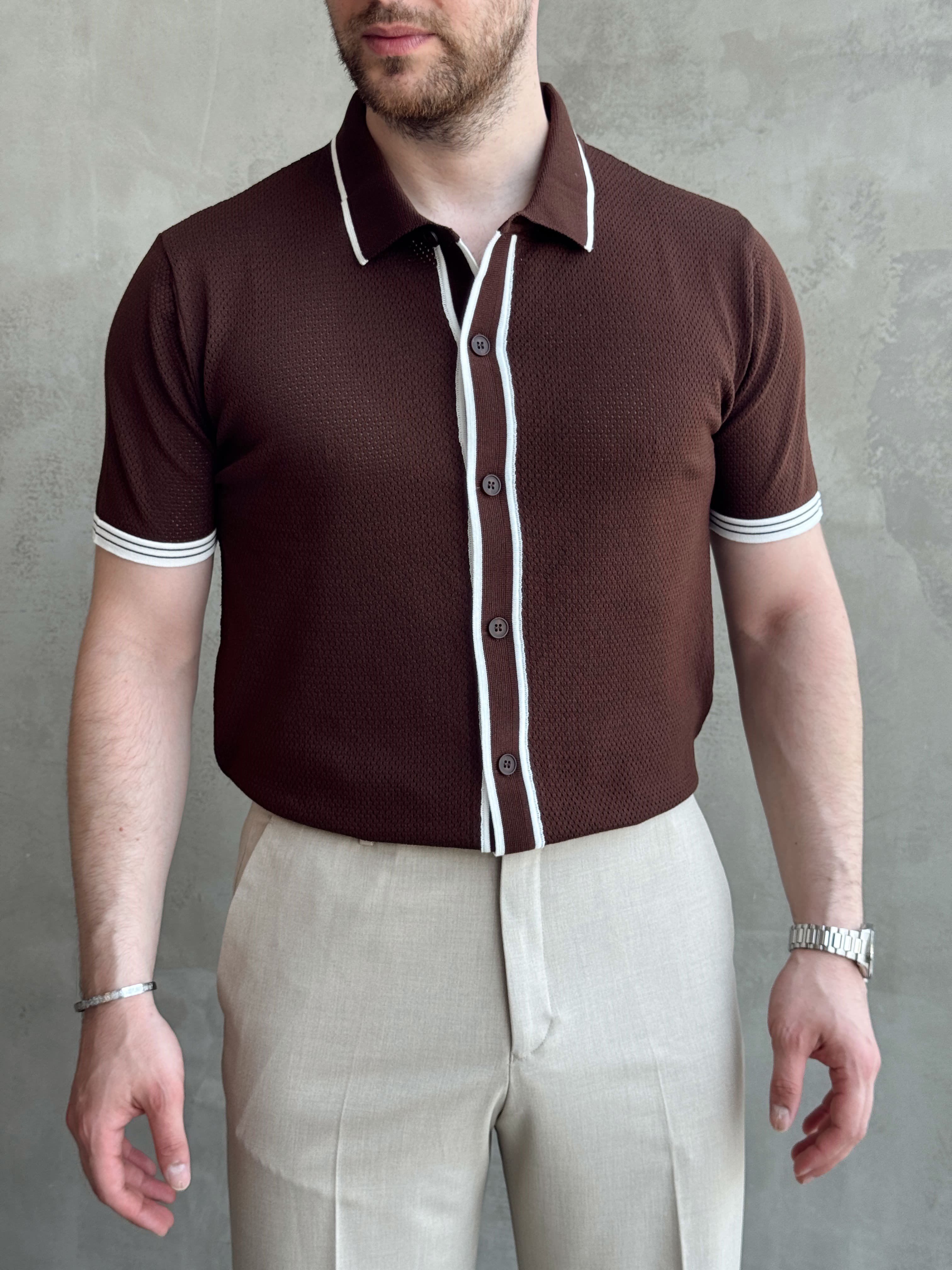 Erkek Bussines Colection Regular Fit Düğme Detaylı Triko T-Shirt-Kahverengi(E1765)Ketench
