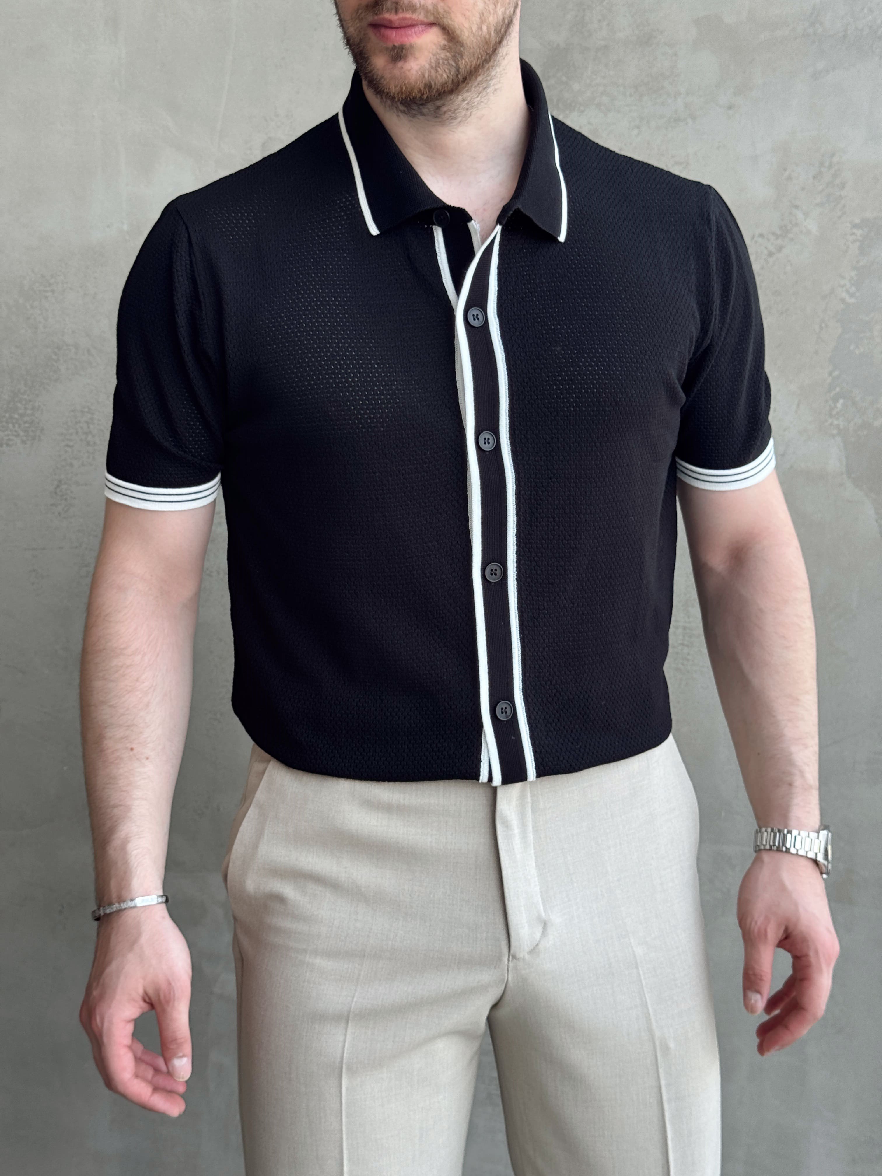 Erkek Bussines Colection Regular Fit Düğme Detaylı Triko T-Shirt-Siyah(E1765)Ketench