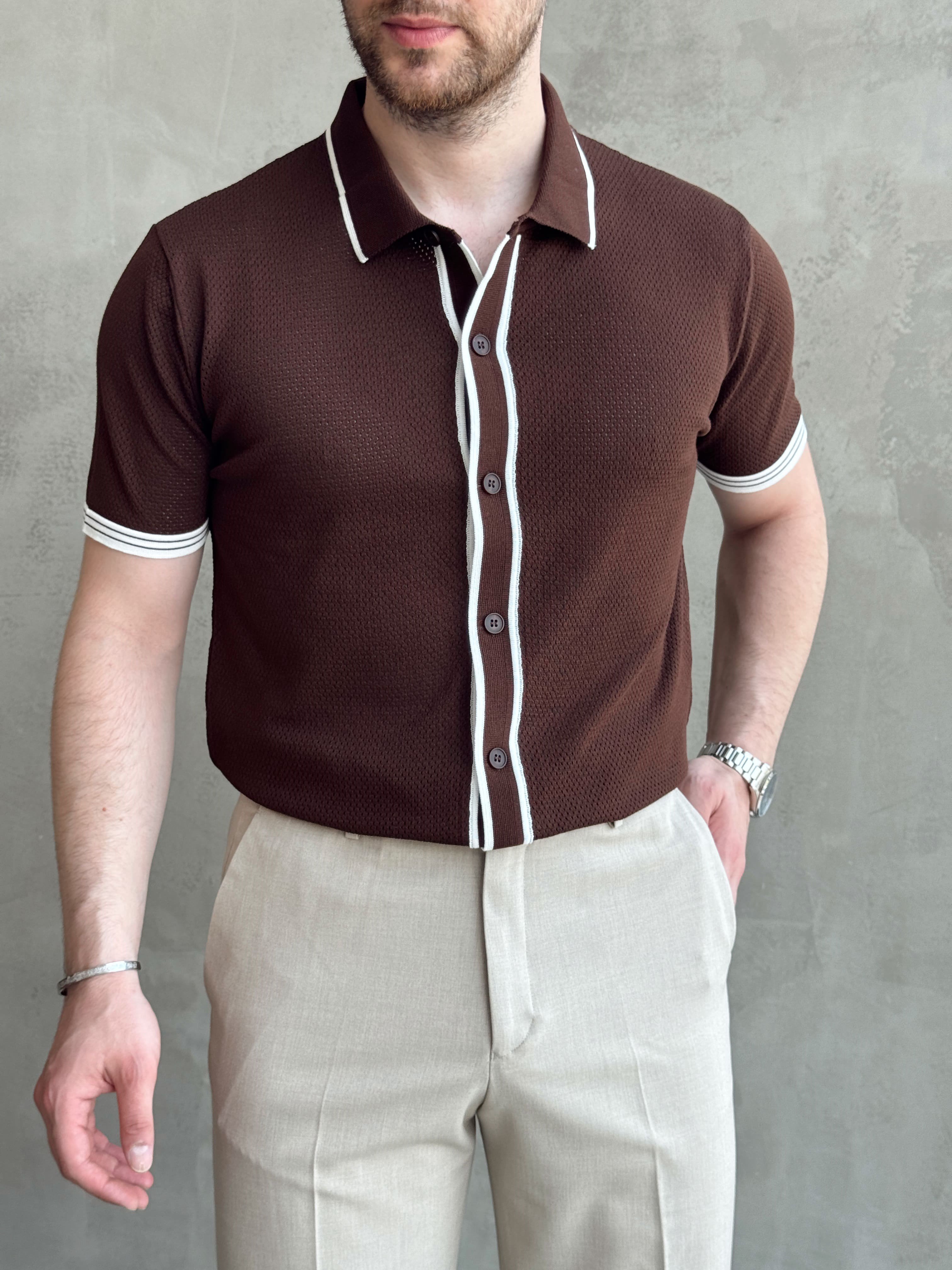 Erkek Bussines Colection Regular Fit Düğme Detaylı Triko T-Shirt-Kahverengi(E1765)Ketench
