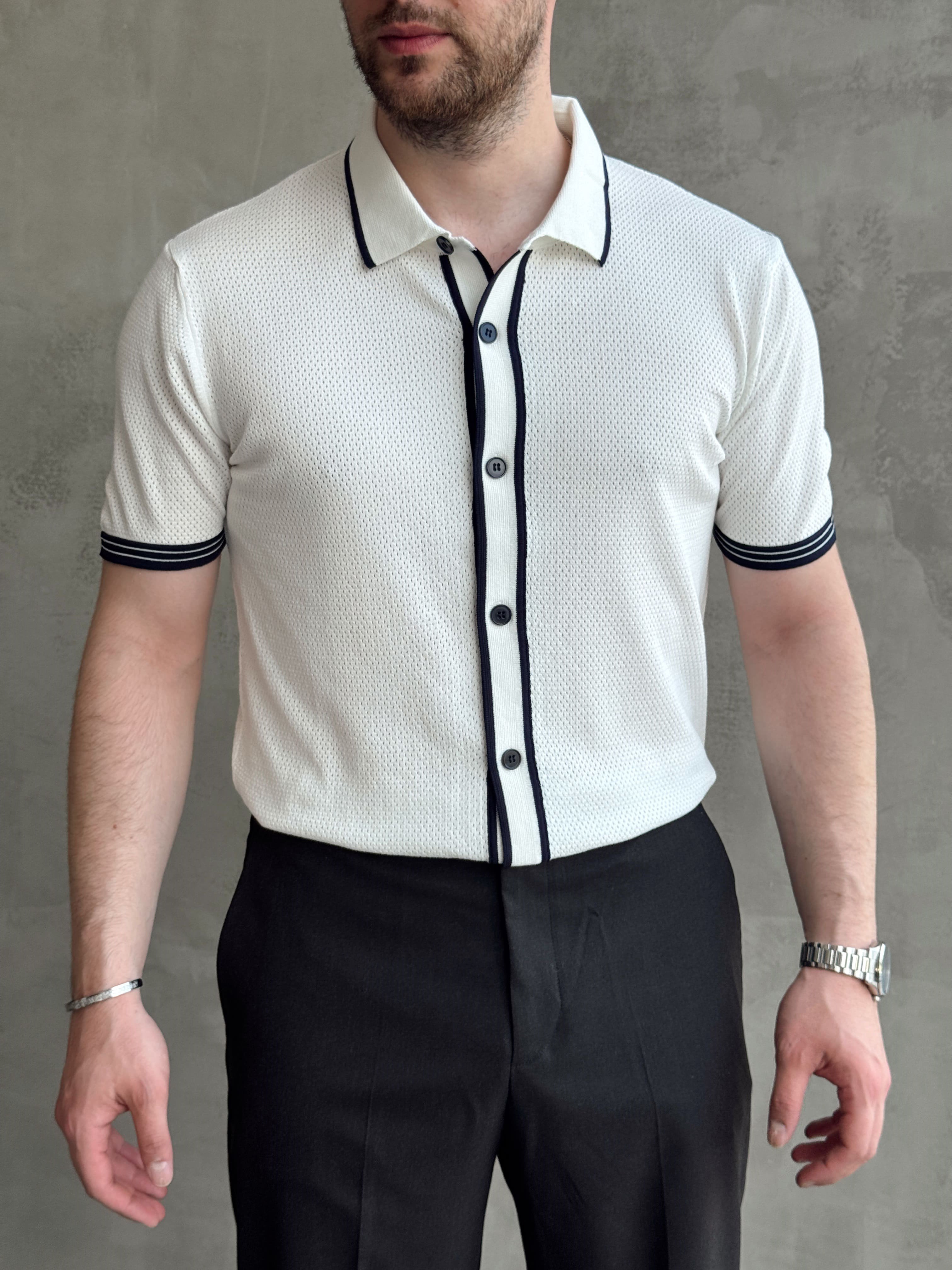 Erkek Bussines Colection Regular Fit Düğme Detaylı Triko T-Shirt-Beyaz(E1765)Ketench