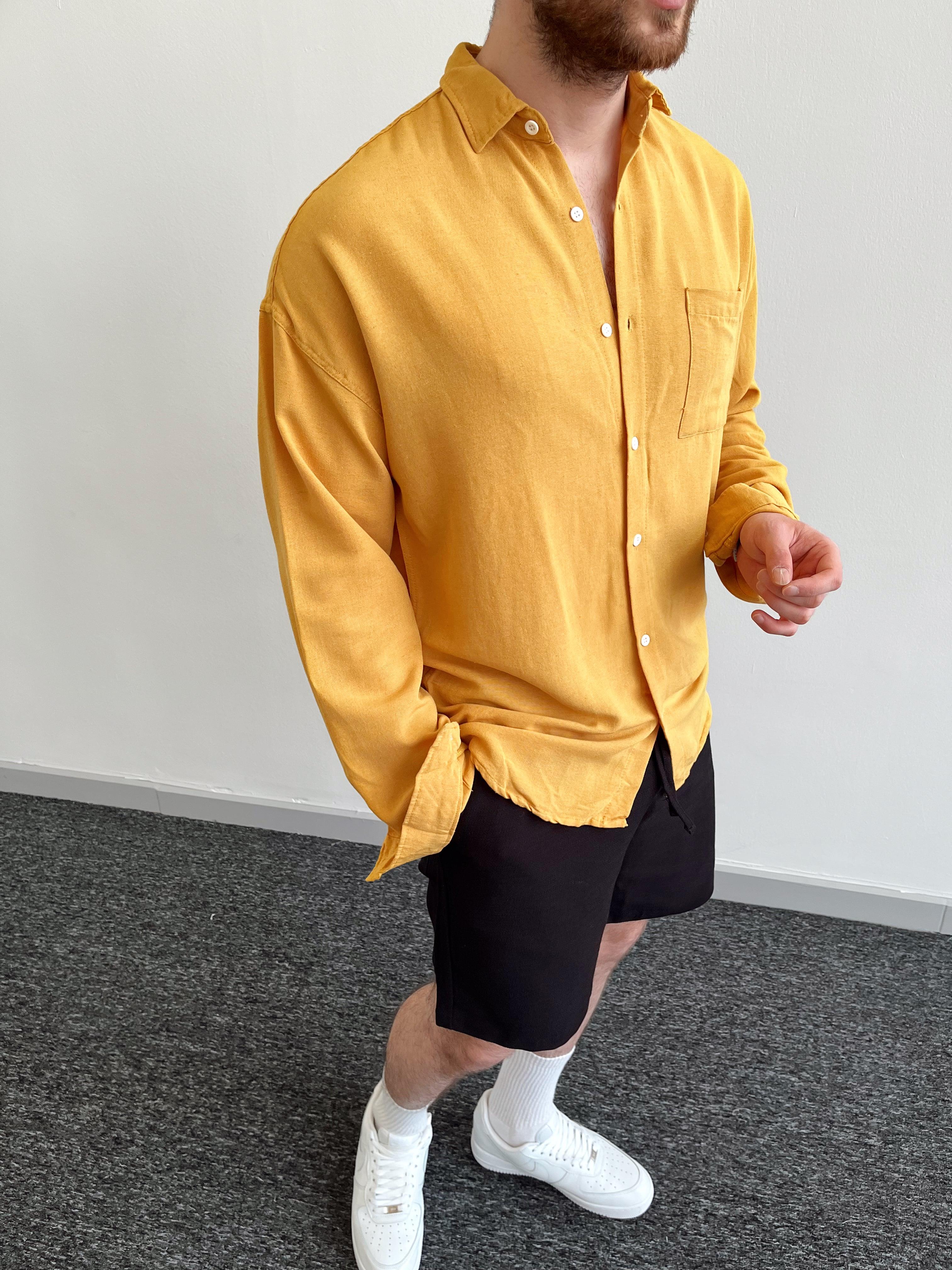 Erkek Cepli Oversize Premium Ham Keten Gömlek-Hardal(E1034)Ketench