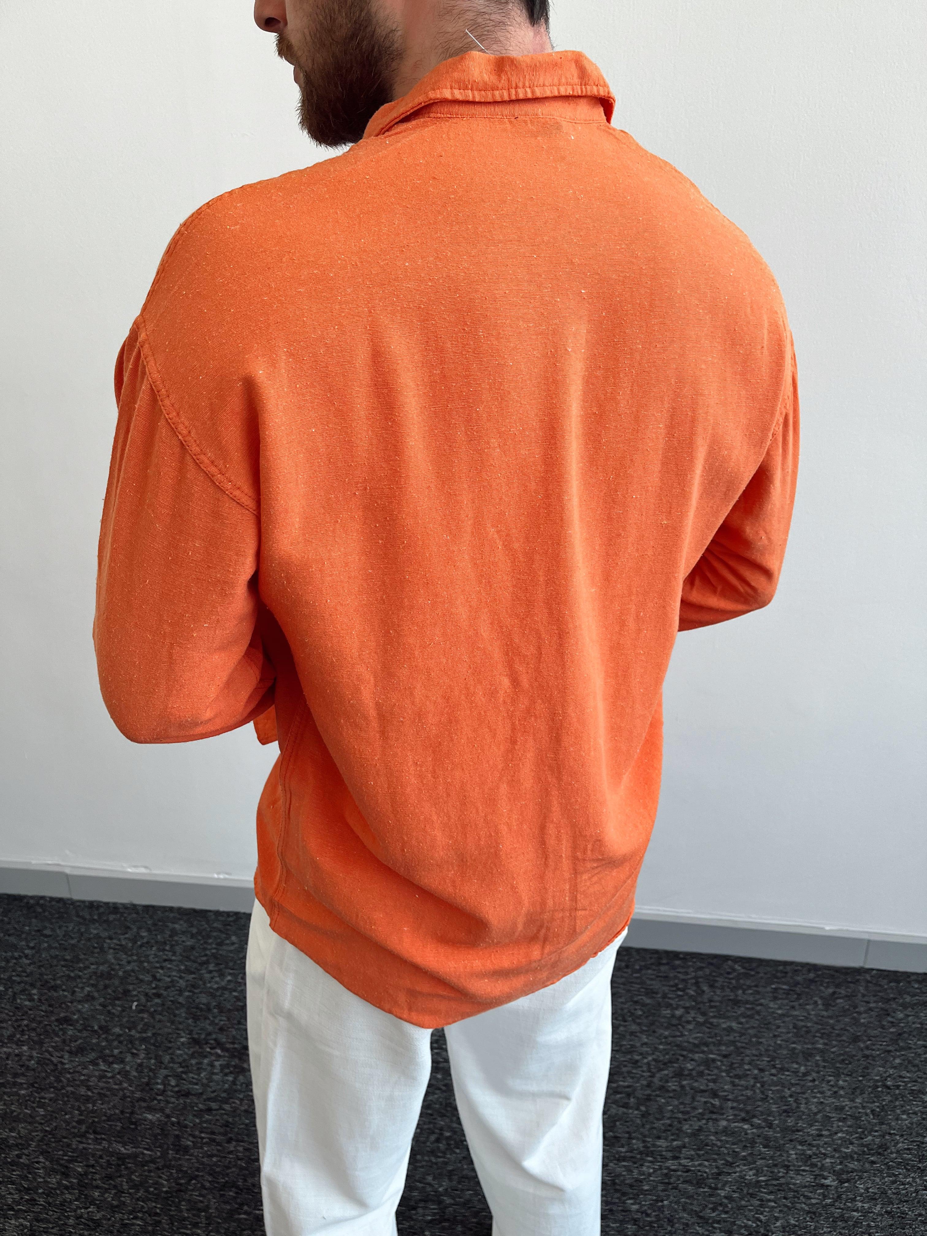 Erkek Cepli Oversize Premium Ham Keten Gömlek-Turuncu(E1034)Ketench