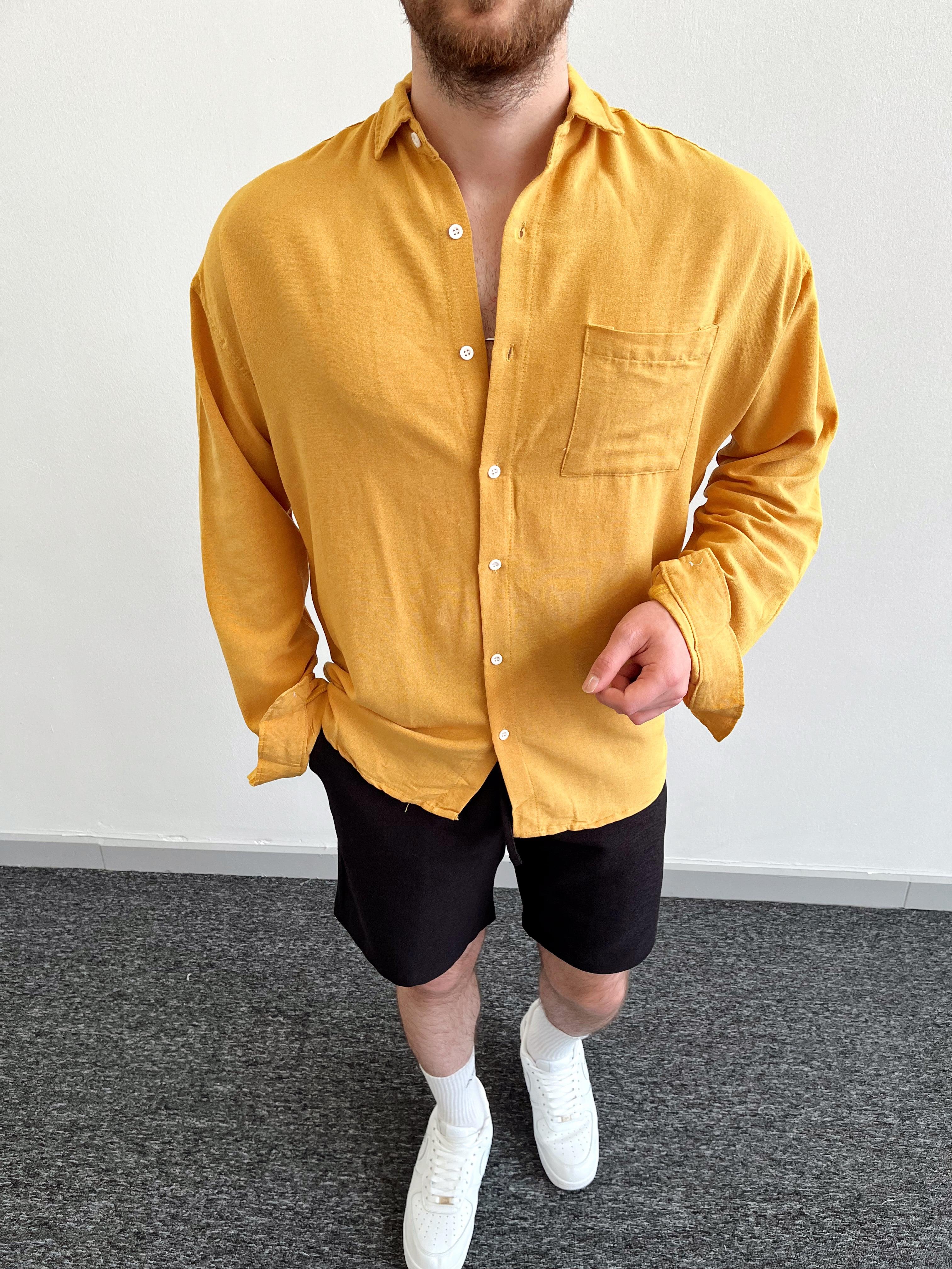 Erkek Cepli Oversize Premium Ham Keten Gömlek-Hardal(E1034)Ketench