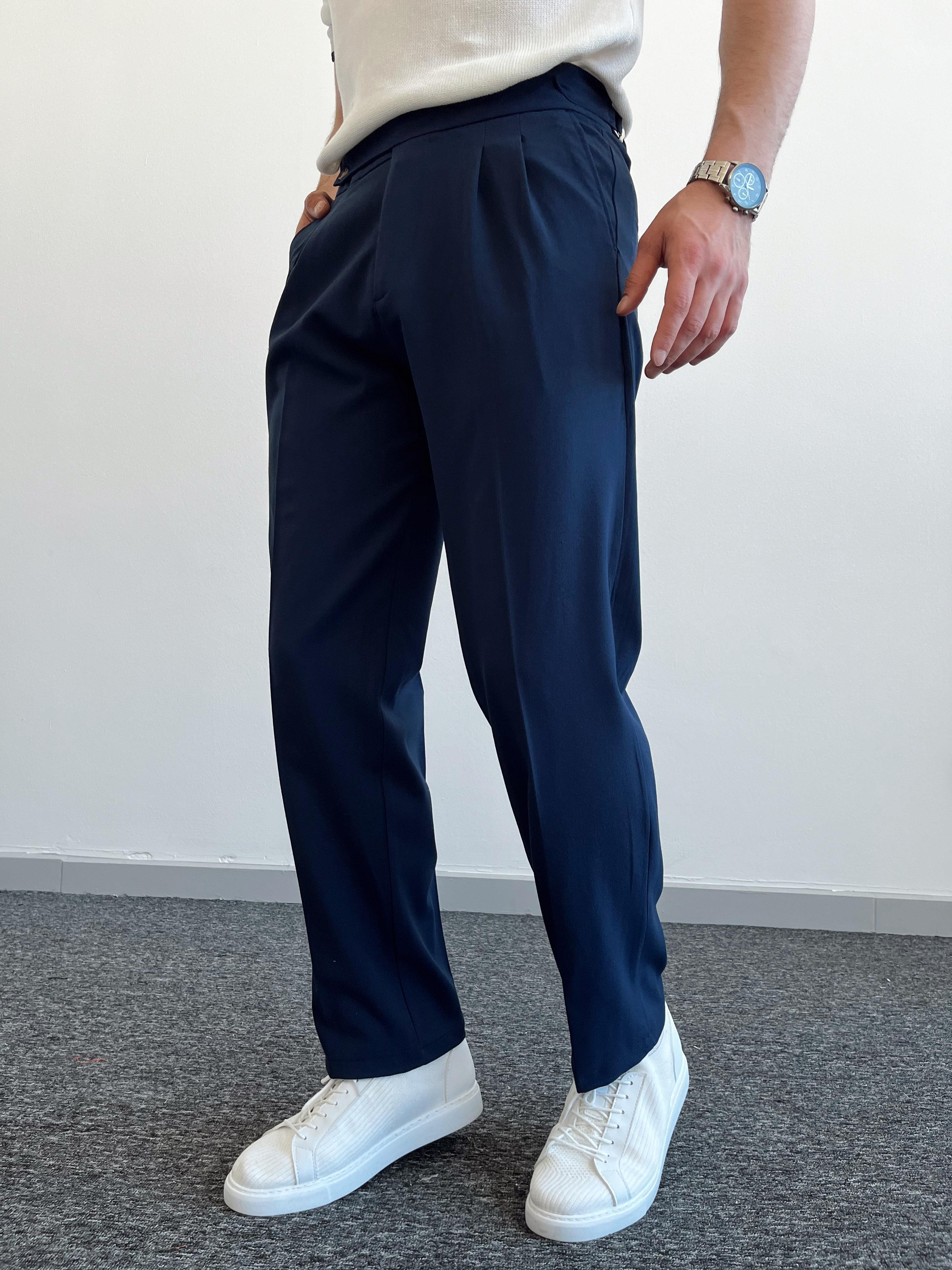 Erkek Çift Toka Detaylı Baggy Kumaş Pantolon-Lacivert(E1076)Ketench
