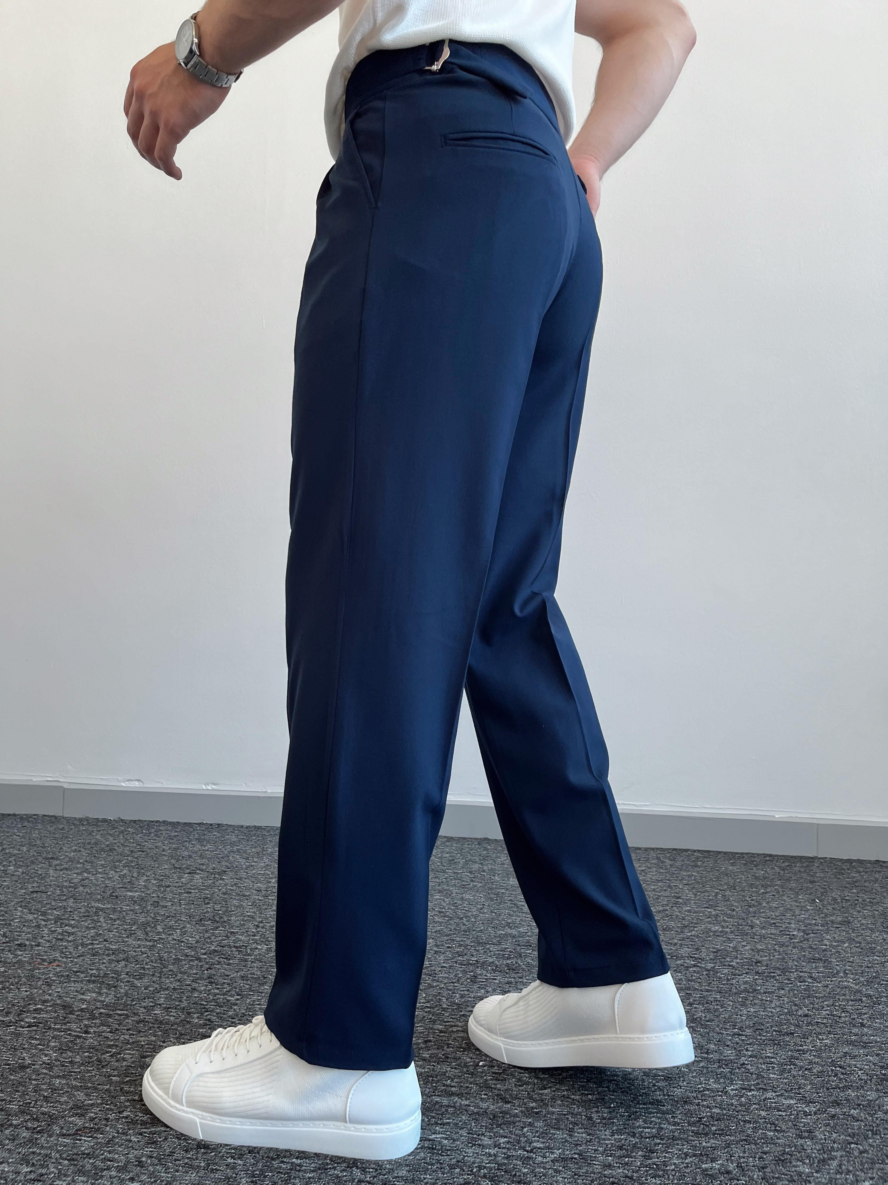 Erkek Çift Toka Detaylı Baggy Kumaş Pantolon-Lacivert(E1076)Ketench