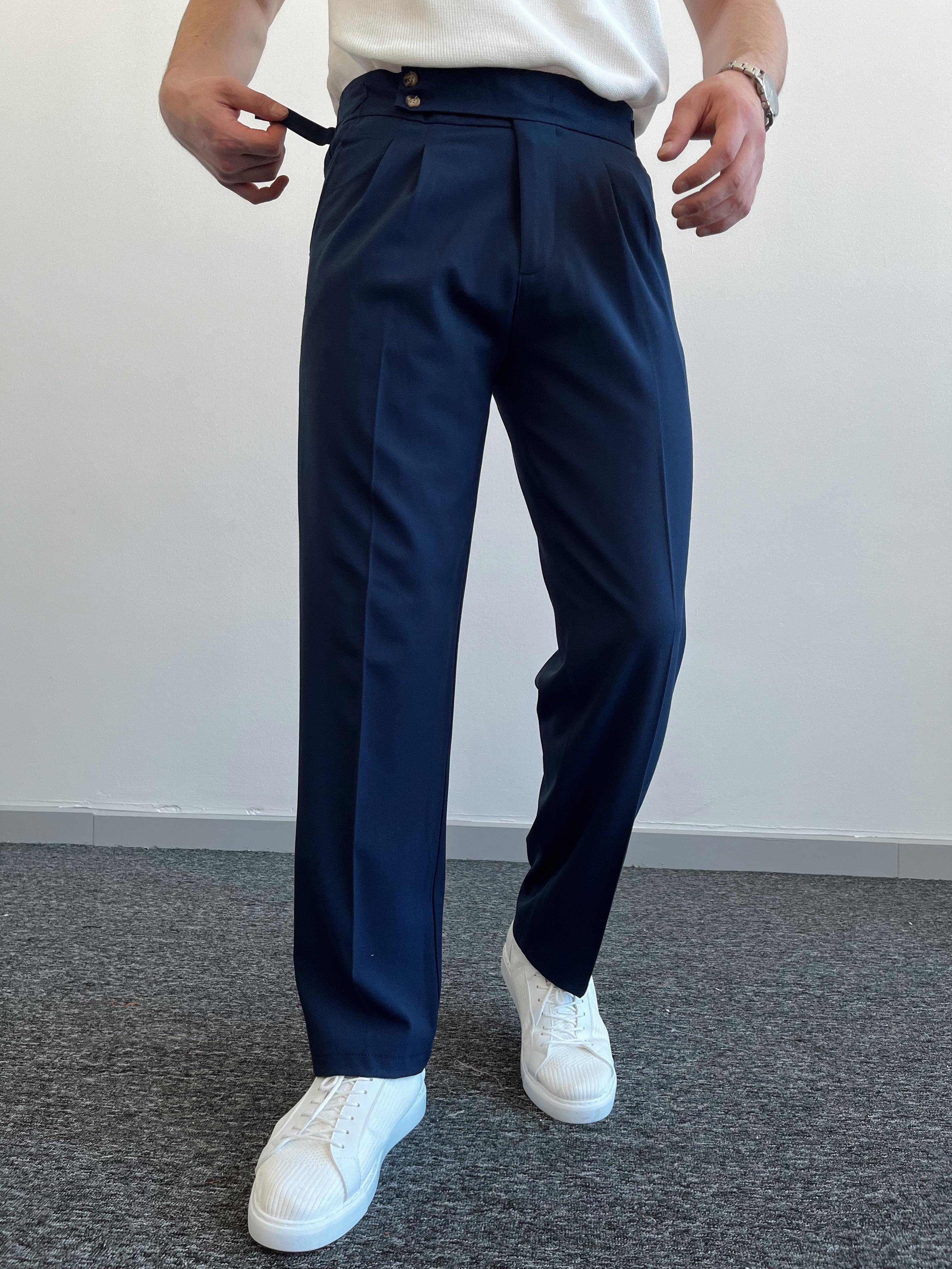 Erkek Çift Toka Detaylı Baggy Kumaş Pantolon-Lacivert(E1076)Ketench